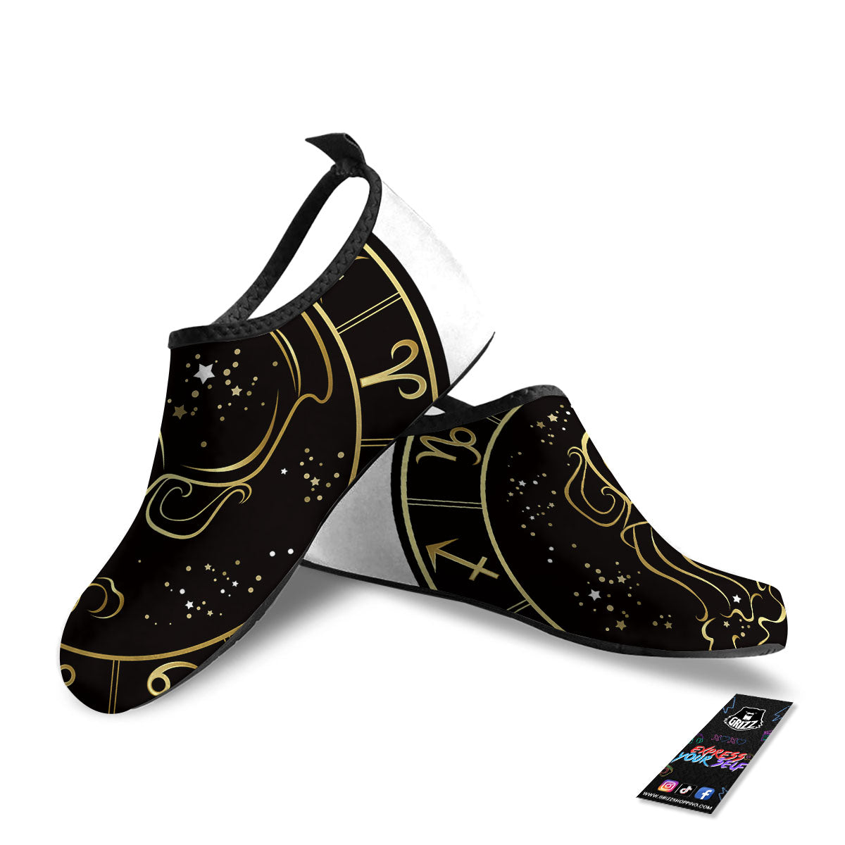 Aquarius Sign Black And Gold Print Water Shoes-grizzshop