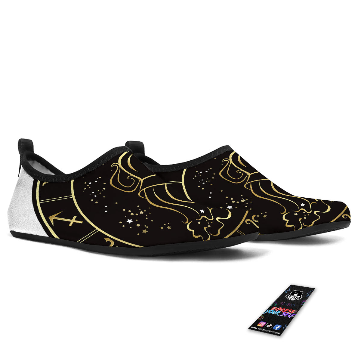 Aquarius Sign Black And Gold Print Water Shoes-grizzshop