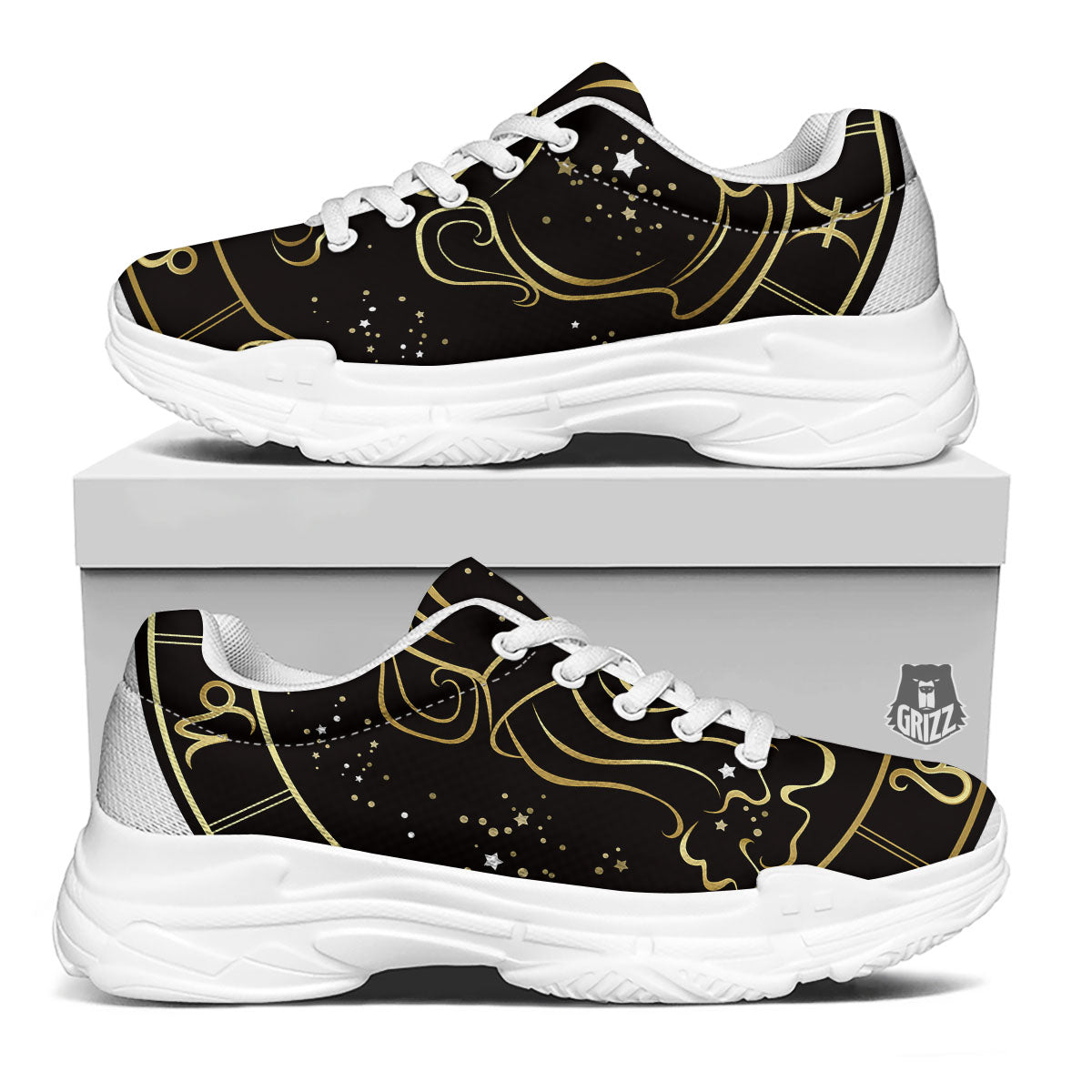 Aquarius Sign Black And Gold Print White Chunky Shoes-grizzshop
