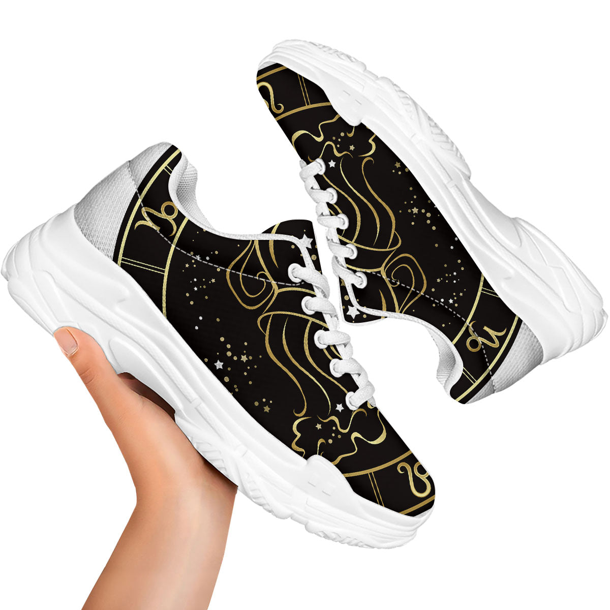 Aquarius Sign Black And Gold Print White Chunky Shoes-grizzshop