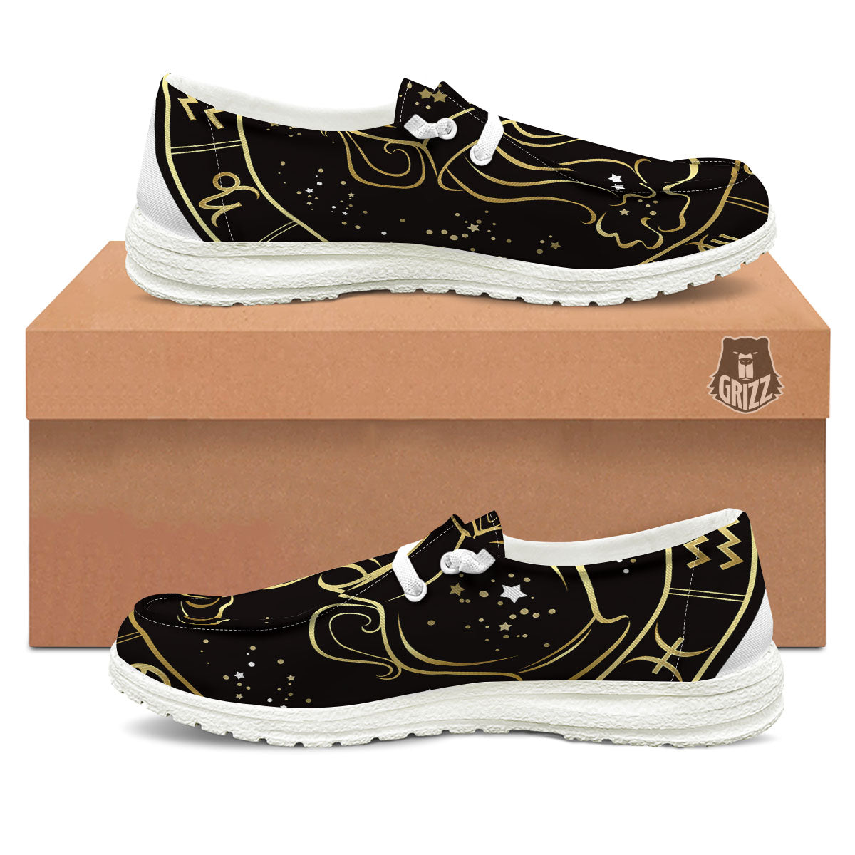 Aquarius Sign Black And Gold Print White Loafers-grizzshop