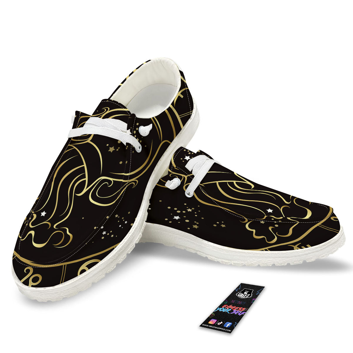 Aquarius Sign Black And Gold Print White Loafers-grizzshop