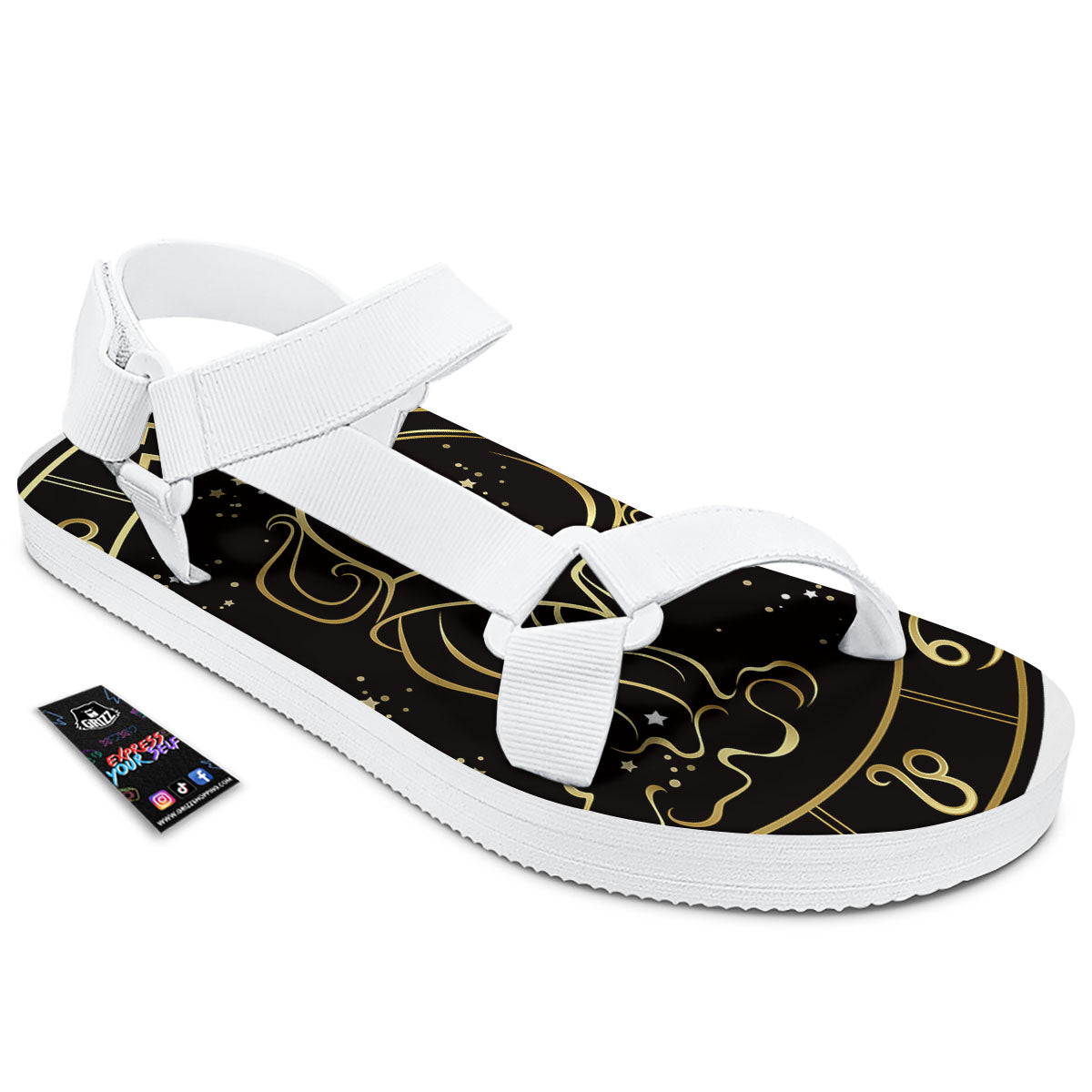 Aquarius Sign Black And Gold Print White Open Toe Sandals-grizzshop