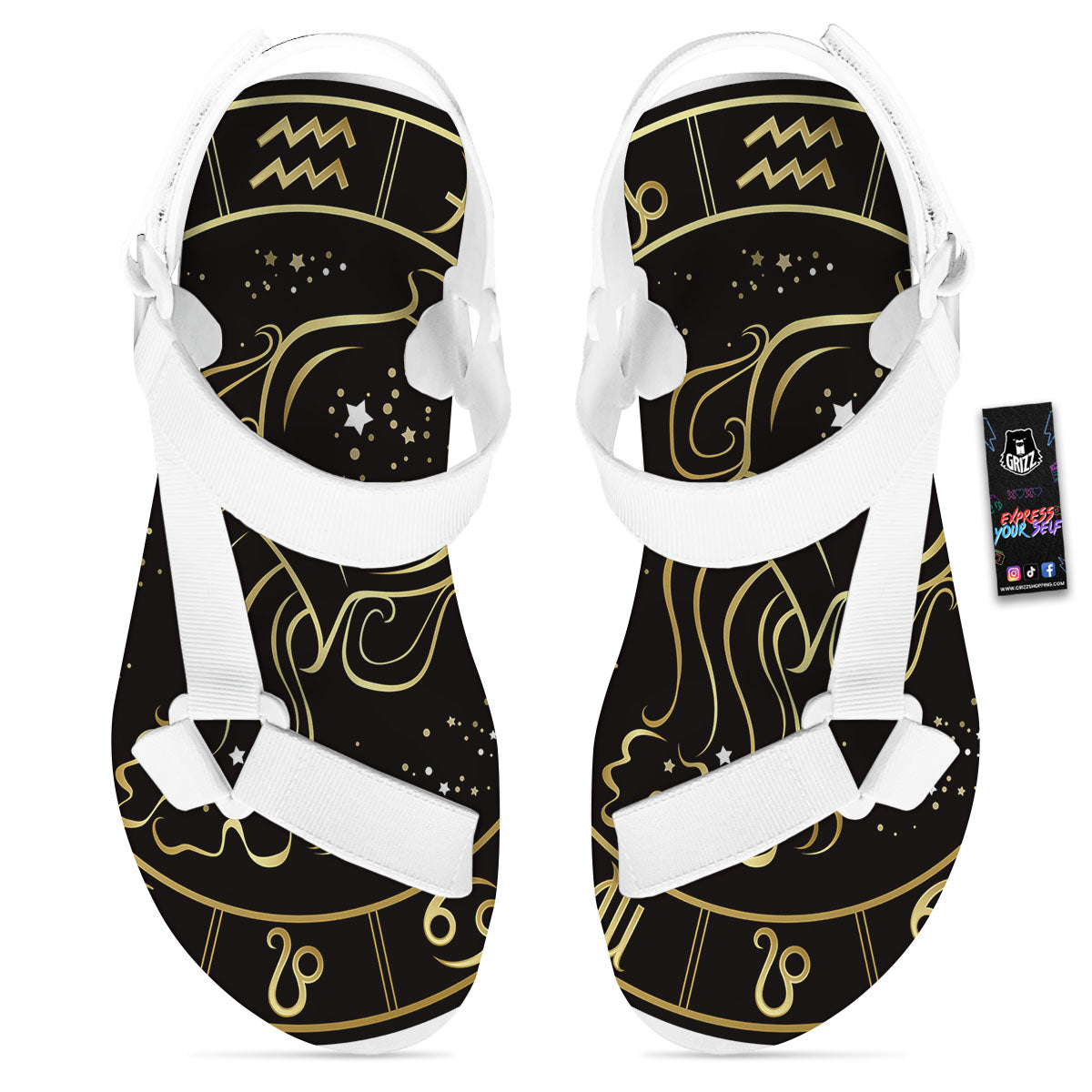 Aquarius Sign Black And Gold Print White Open Toe Sandals-grizzshop