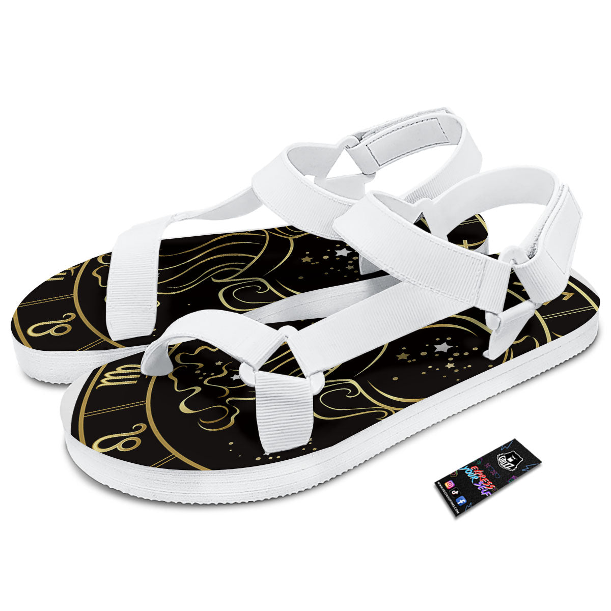 Aquarius Sign Black And Gold Print White Open Toe Sandals-grizzshop