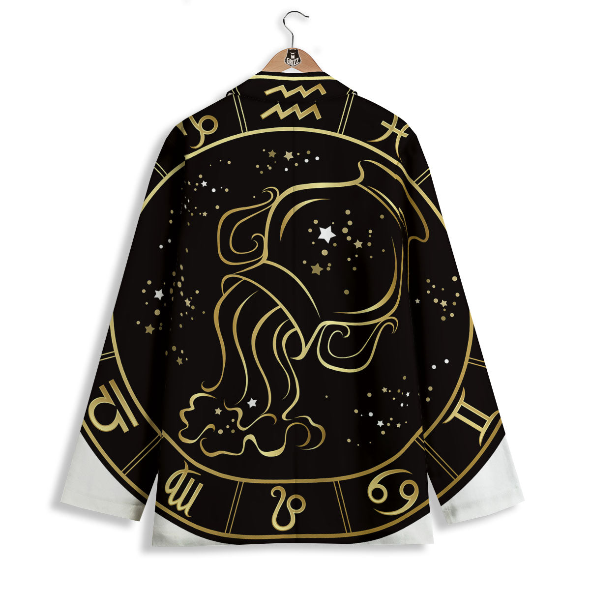 Aquarius Sign Black And Gold Print Women's Blazer-grizzshop
