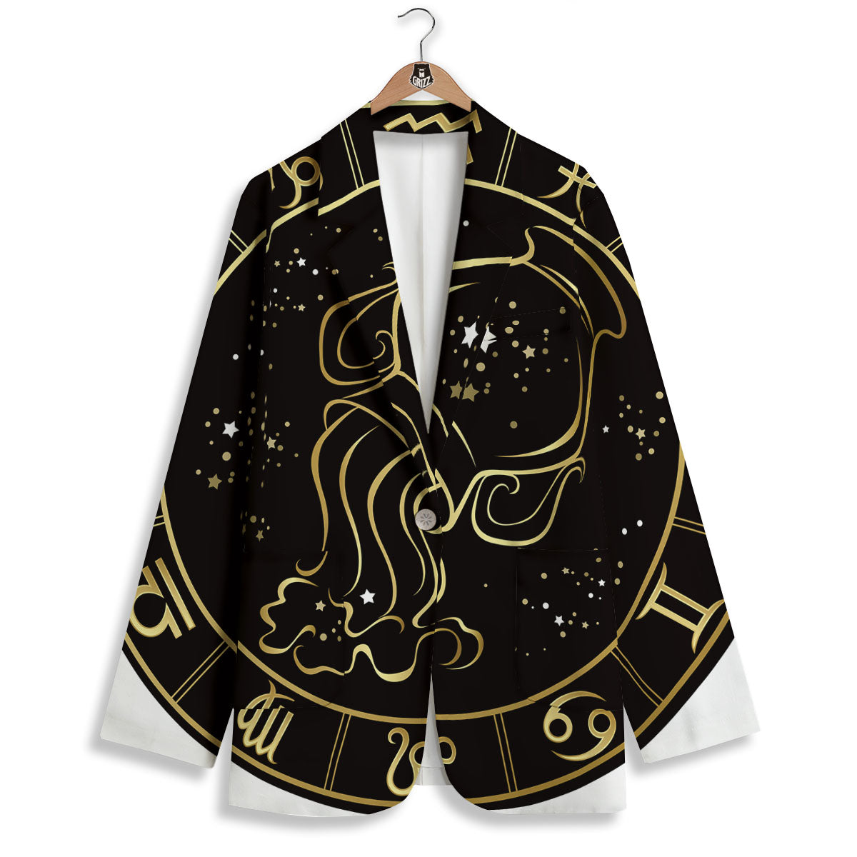 Aquarius Sign Black And Gold Print Women's Blazer-grizzshop