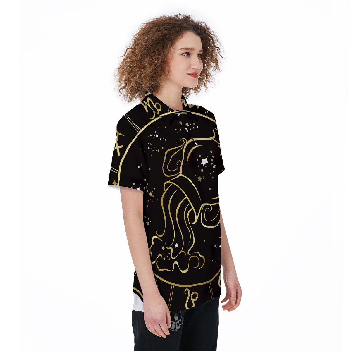 Aquarius Sign Black And Gold Print Women's Golf Shirts-grizzshop