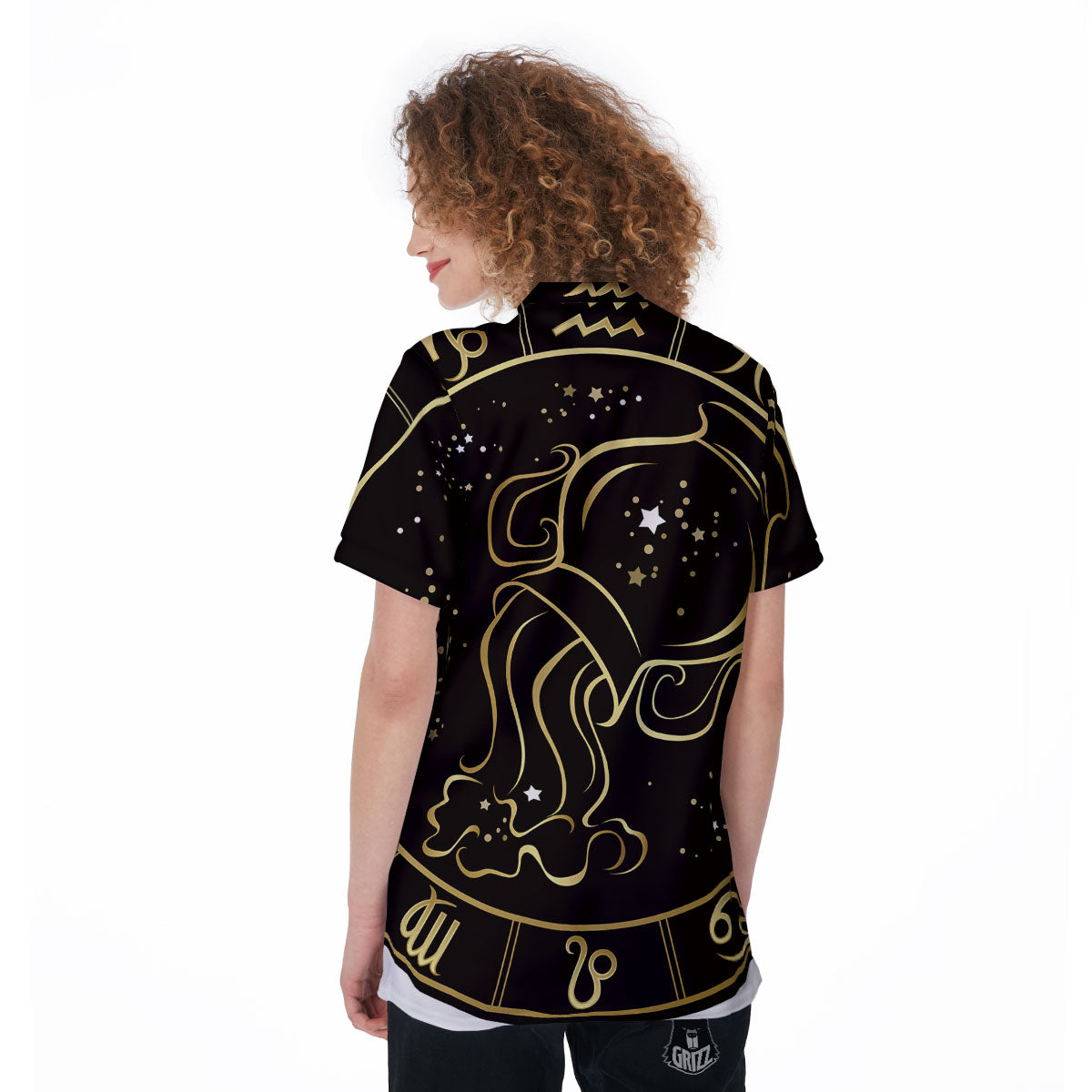 Aquarius Sign Black And Gold Print Women's Golf Shirts-grizzshop