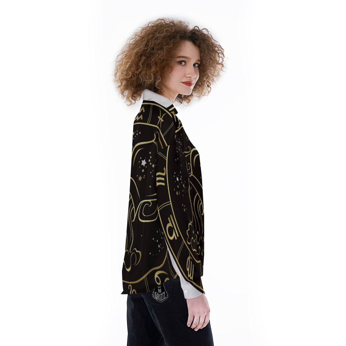 Aquarius Sign Black And Gold Print Women's Long Sleeve Shirts-grizzshop