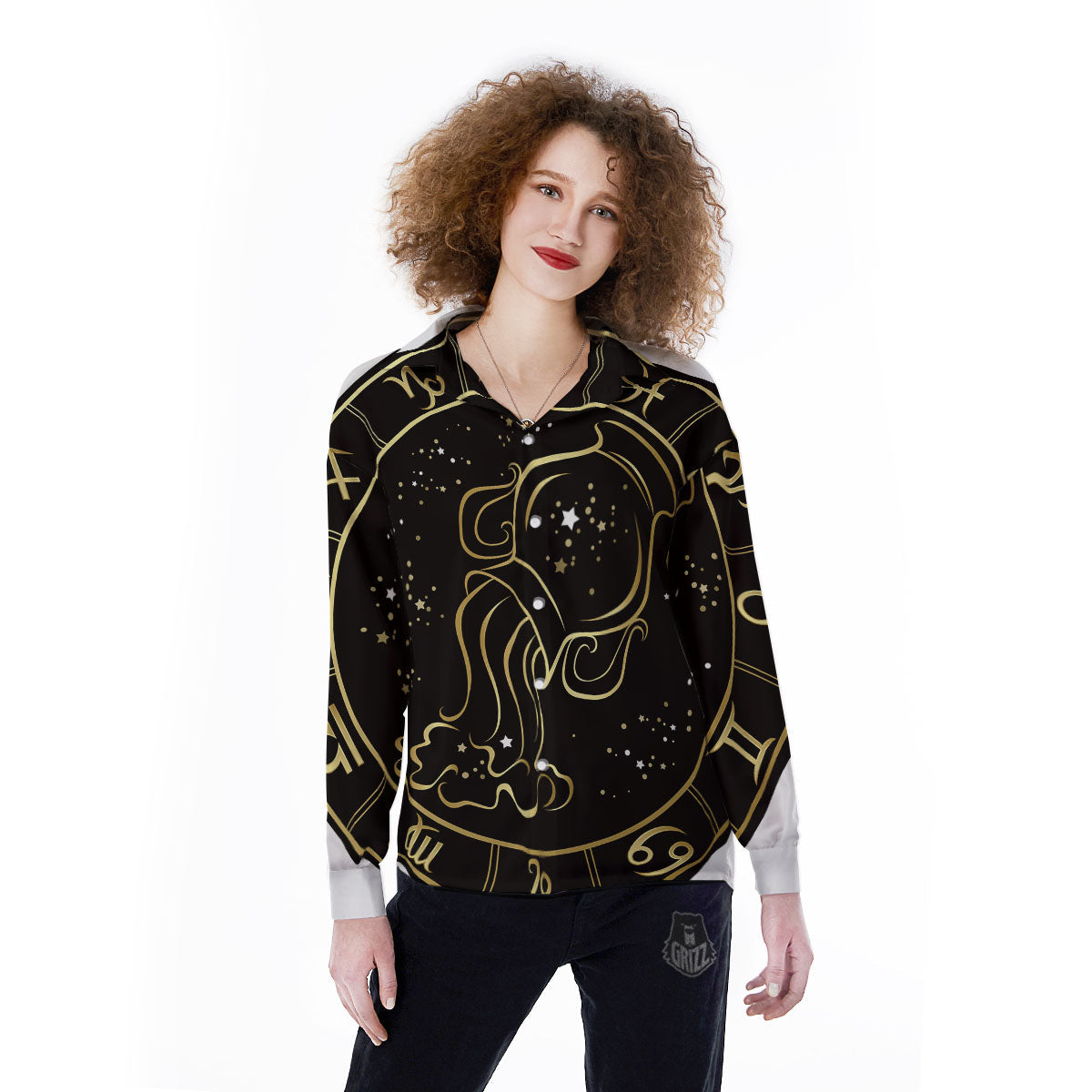 Aquarius Sign Black And Gold Print Women's Long Sleeve Shirts-grizzshop