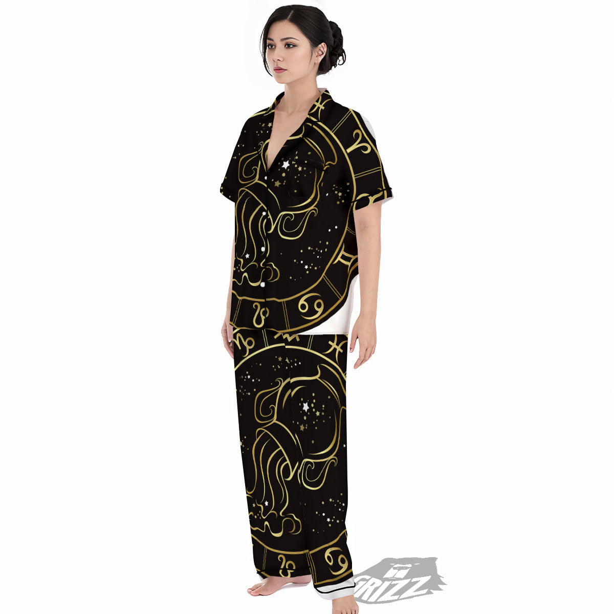 Aquarius Sign Black And Gold Print Women's Pajamas Set-grizzshop