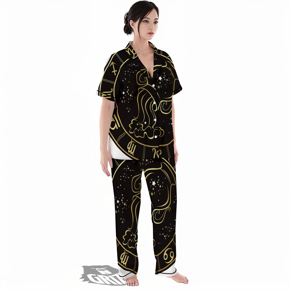 Aquarius Sign Black And Gold Print Women's Pajamas Set-grizzshop