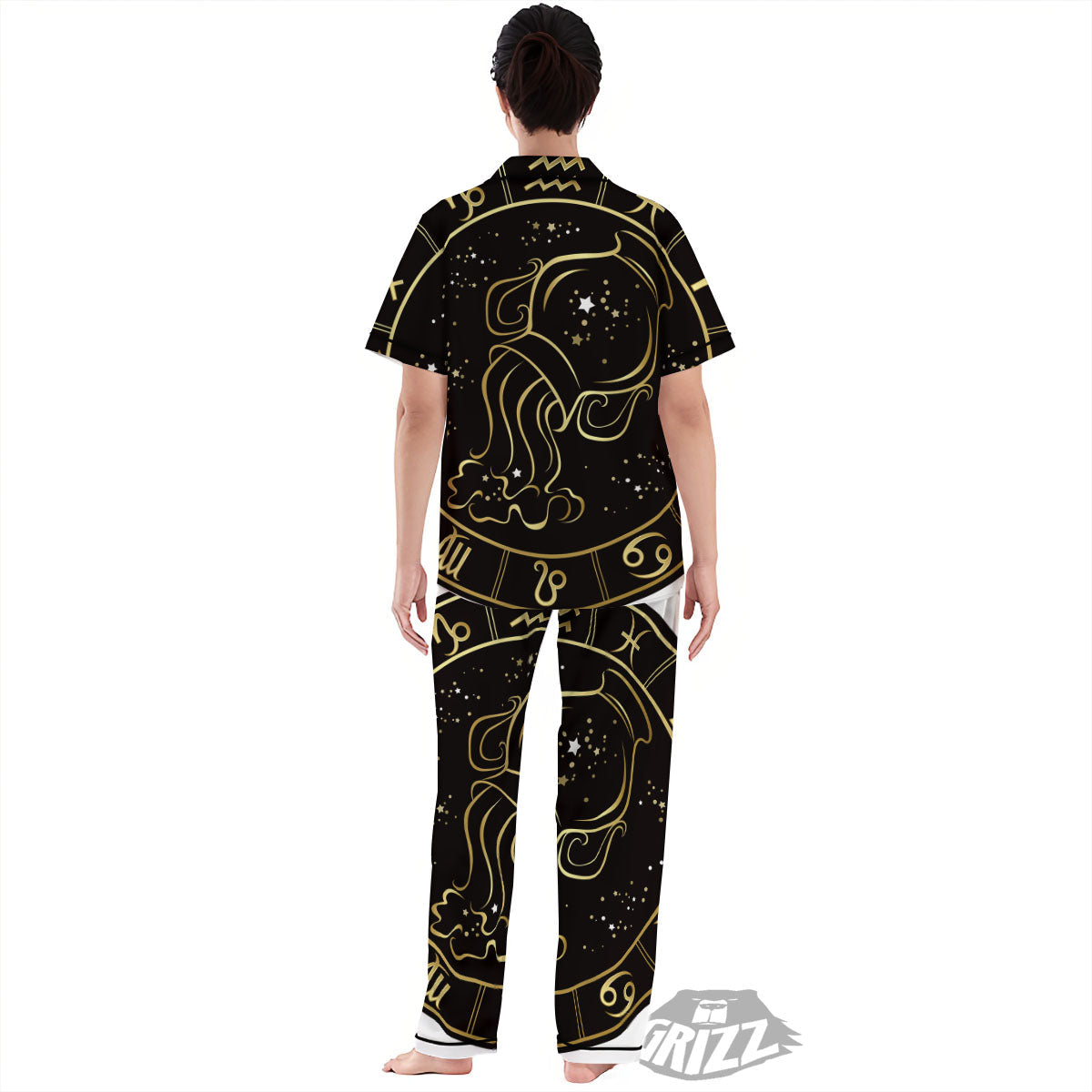 Aquarius Sign Black And Gold Print Women's Pajamas Set-grizzshop