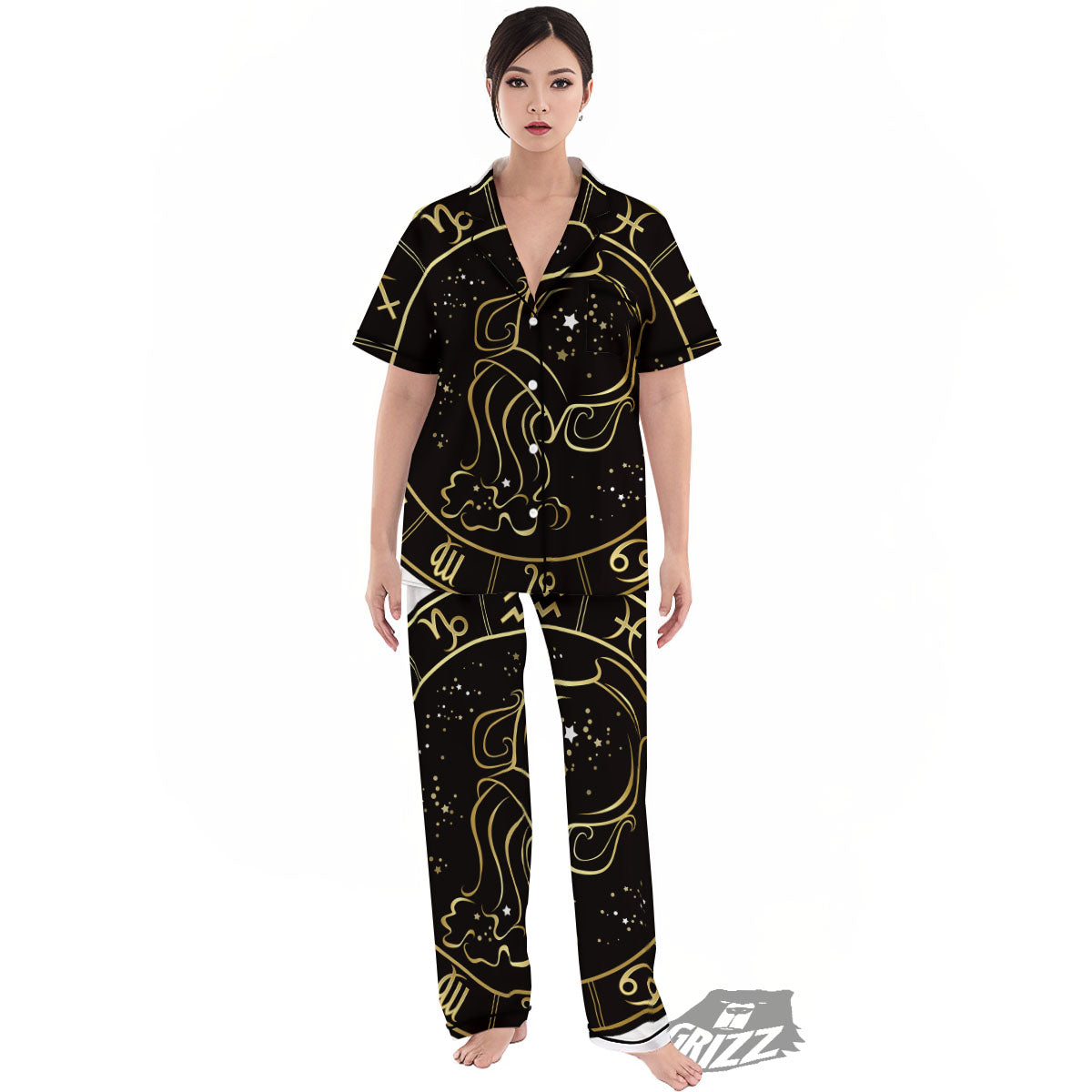 Aquarius Sign Black And Gold Print Women's Pajamas Set-grizzshop