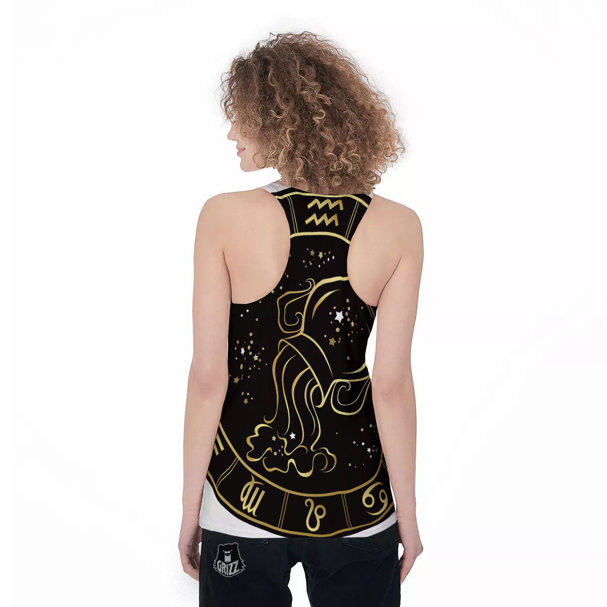 Aquarius Sign Black And Gold Print Women's Racerback Tank Top-grizzshop