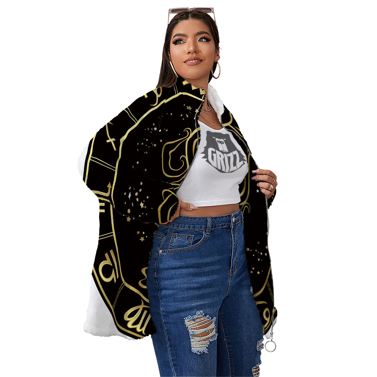 Aquarius Sign Black And Gold Print Women's Sherpa Jacket-grizzshop