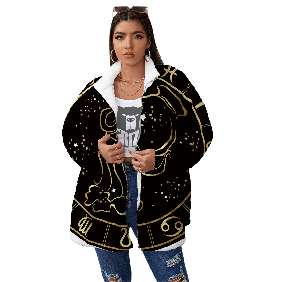 Aquarius Sign Black And Gold Print Women's Sherpa Jacket-grizzshop