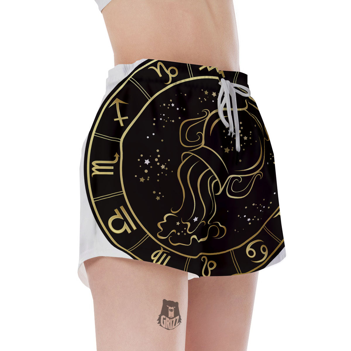 Aquarius Sign Black And Gold Print Women's Shorts-grizzshop