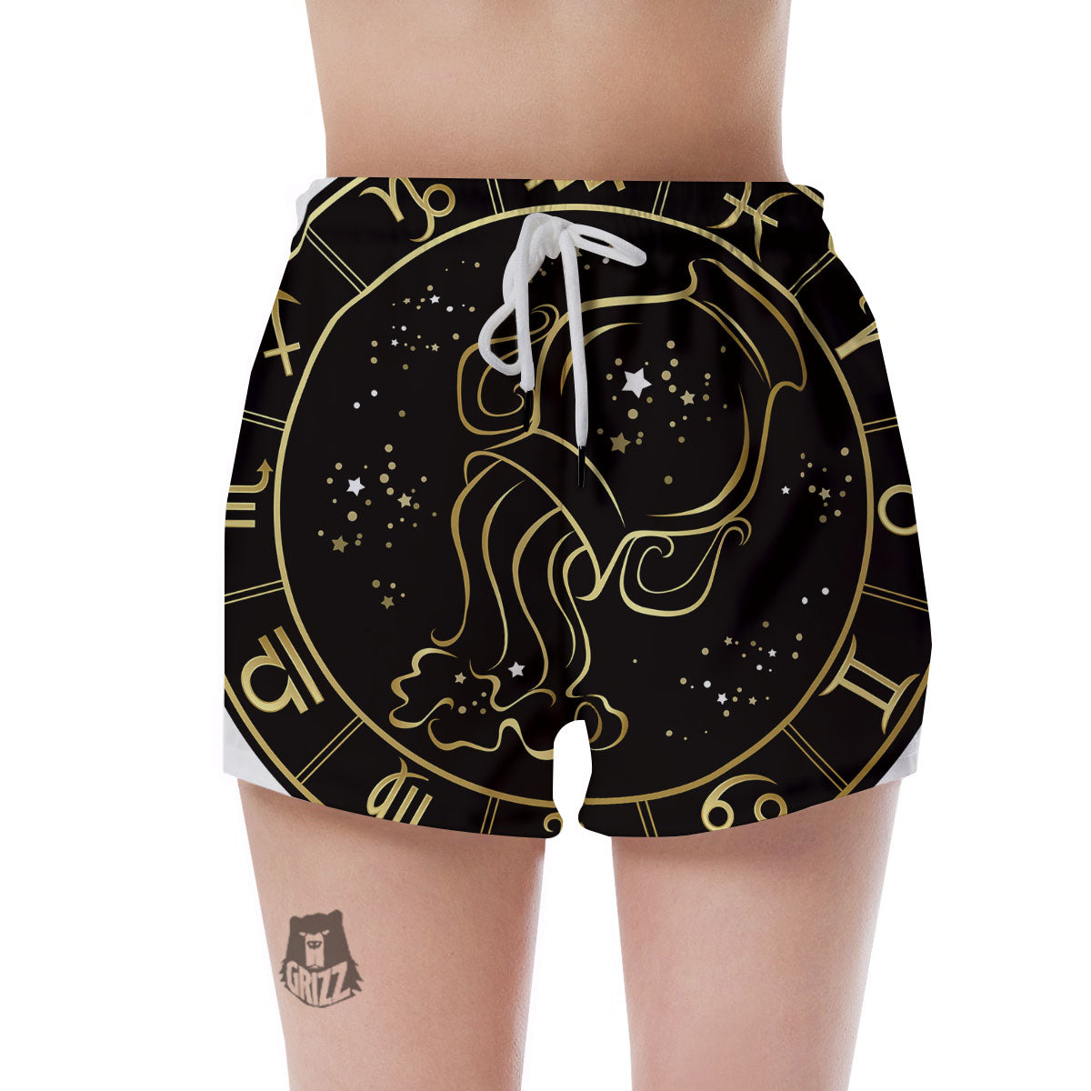 Aquarius Sign Black And Gold Print Women's Shorts-grizzshop