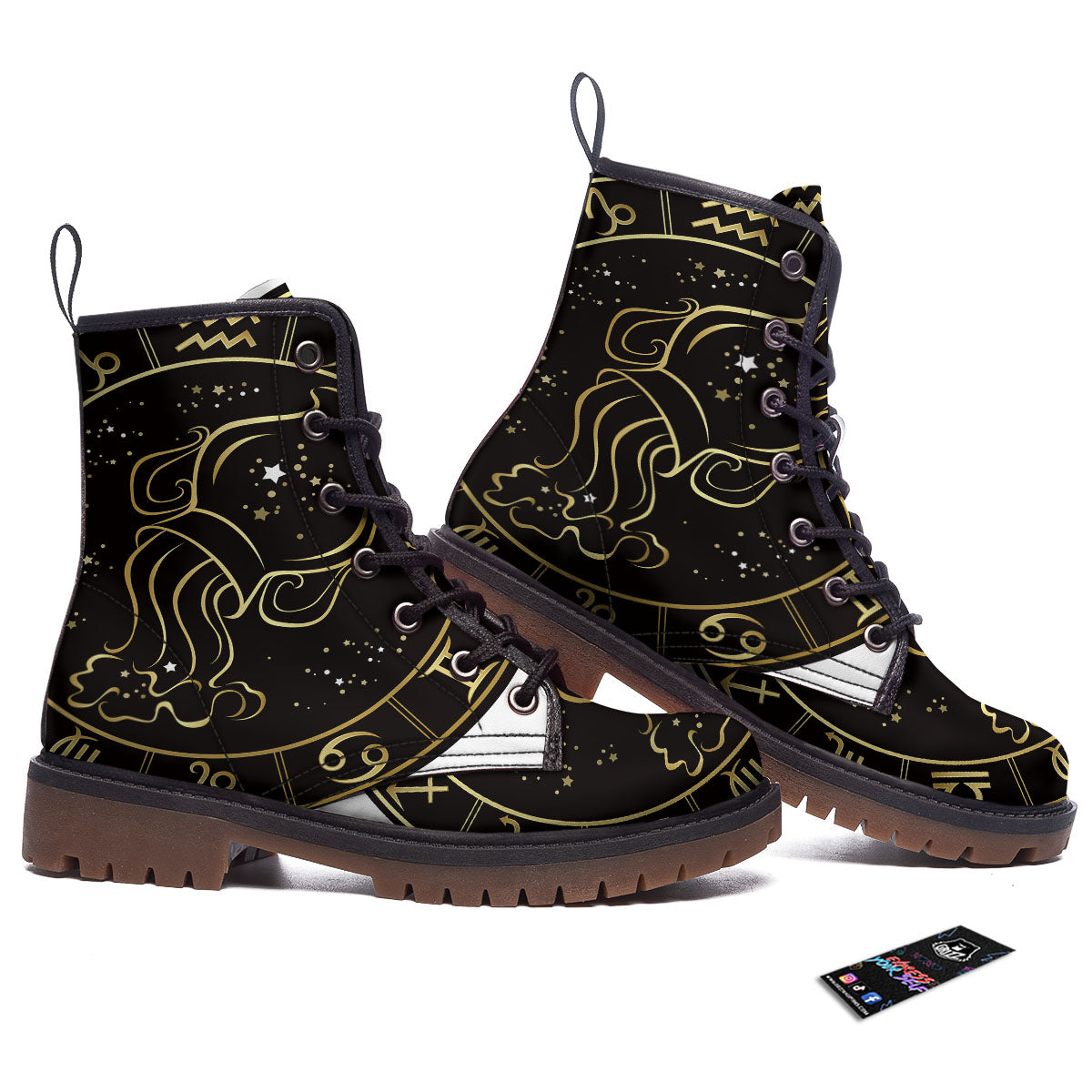 Aquarius Sign Black And Gold Print Work Boots-grizzshop