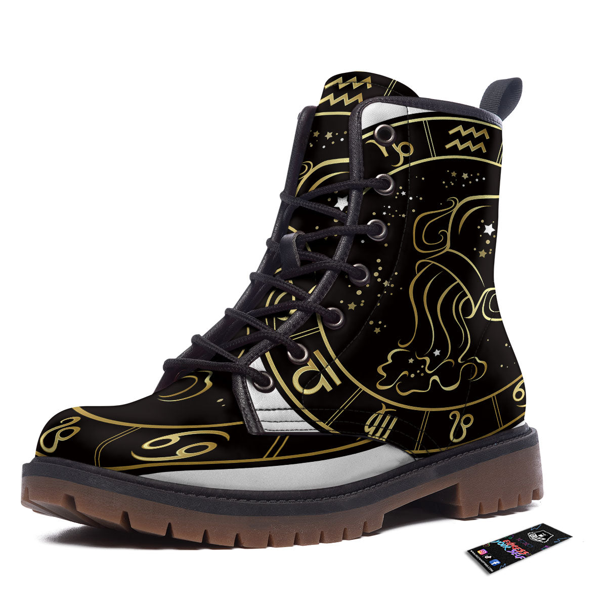 Aquarius Sign Black And Gold Print Work Boots-grizzshop
