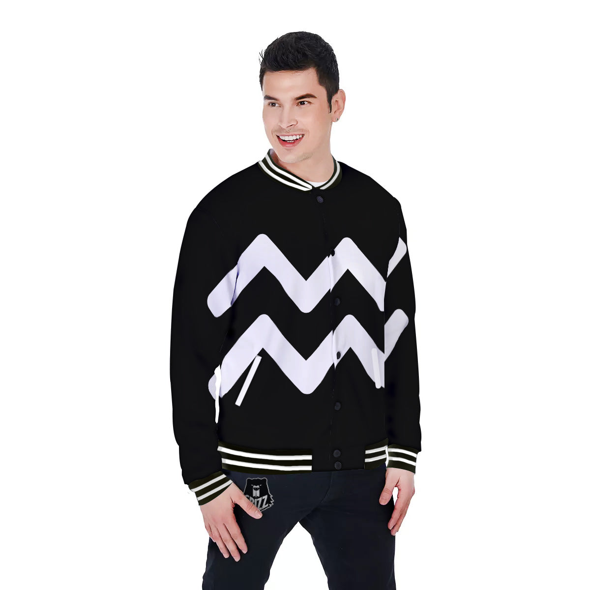 Aquarius Sign White And Black Print Baseball Jacket-grizzshop
