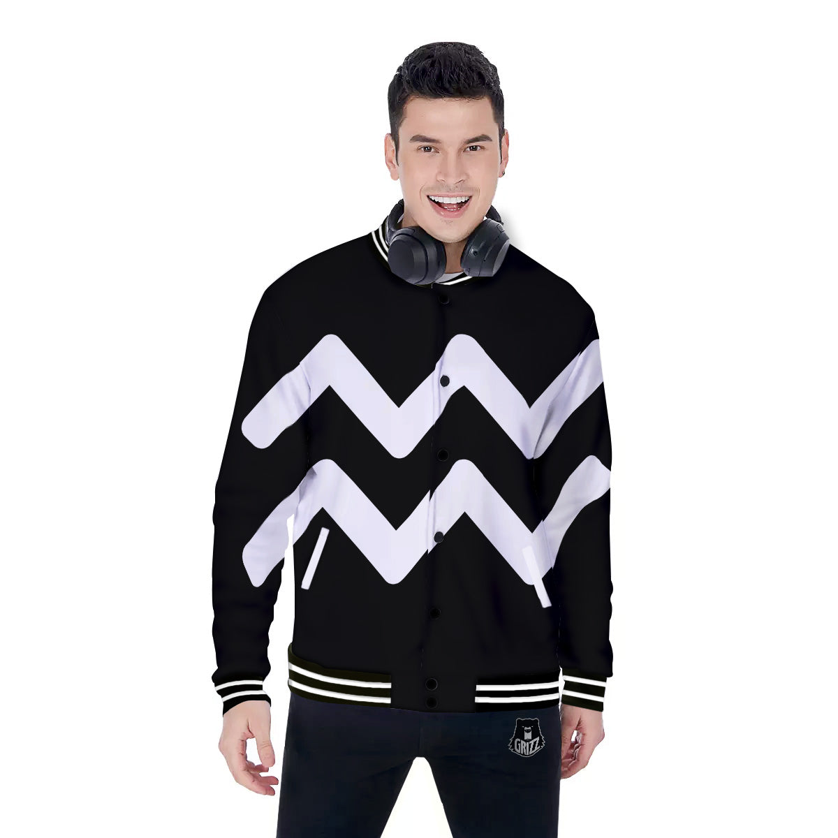 Aquarius Sign White And Black Print Baseball Jacket-grizzshop