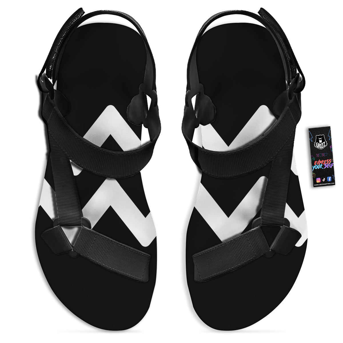 Aquarius Sign White And Black Print Black Open Toe Sandals-grizzshop