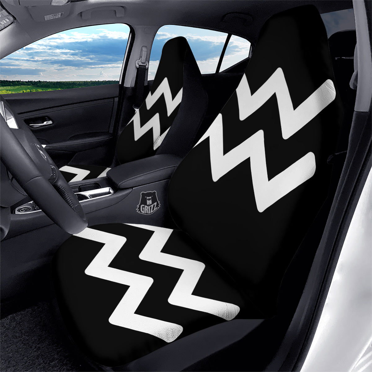 Aquarius Sign White And Black Print Car Seat Covers-grizzshop