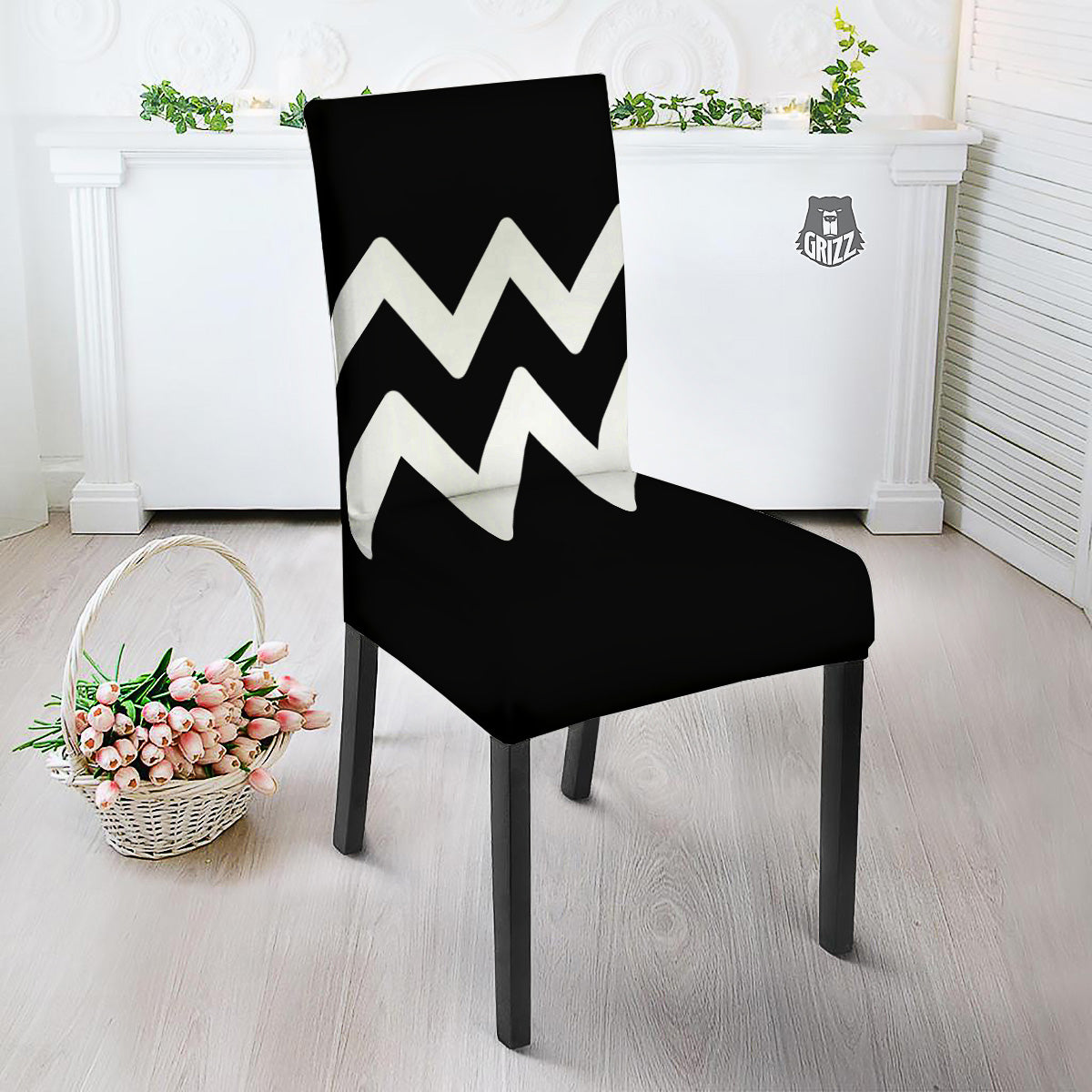 Aquarius Sign White And Black Print Dining Chair Slipcover-grizzshop