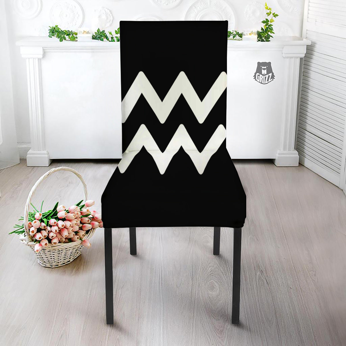 Aquarius Sign White And Black Print Dining Chair Slipcover-grizzshop