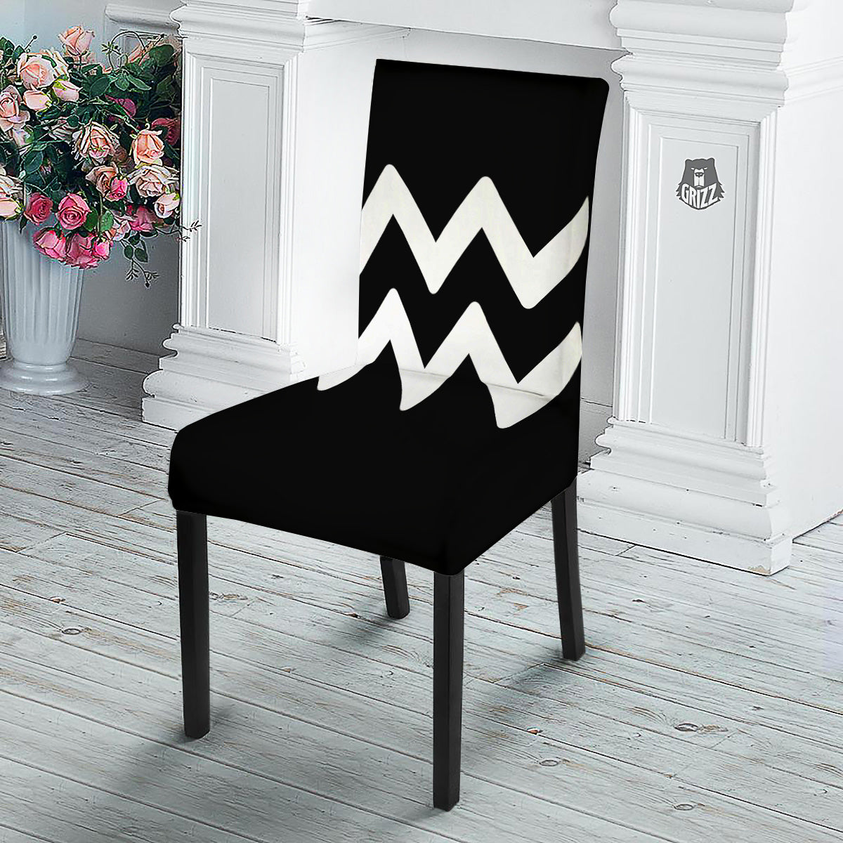 Aquarius Sign White And Black Print Dining Chair Slipcover-grizzshop