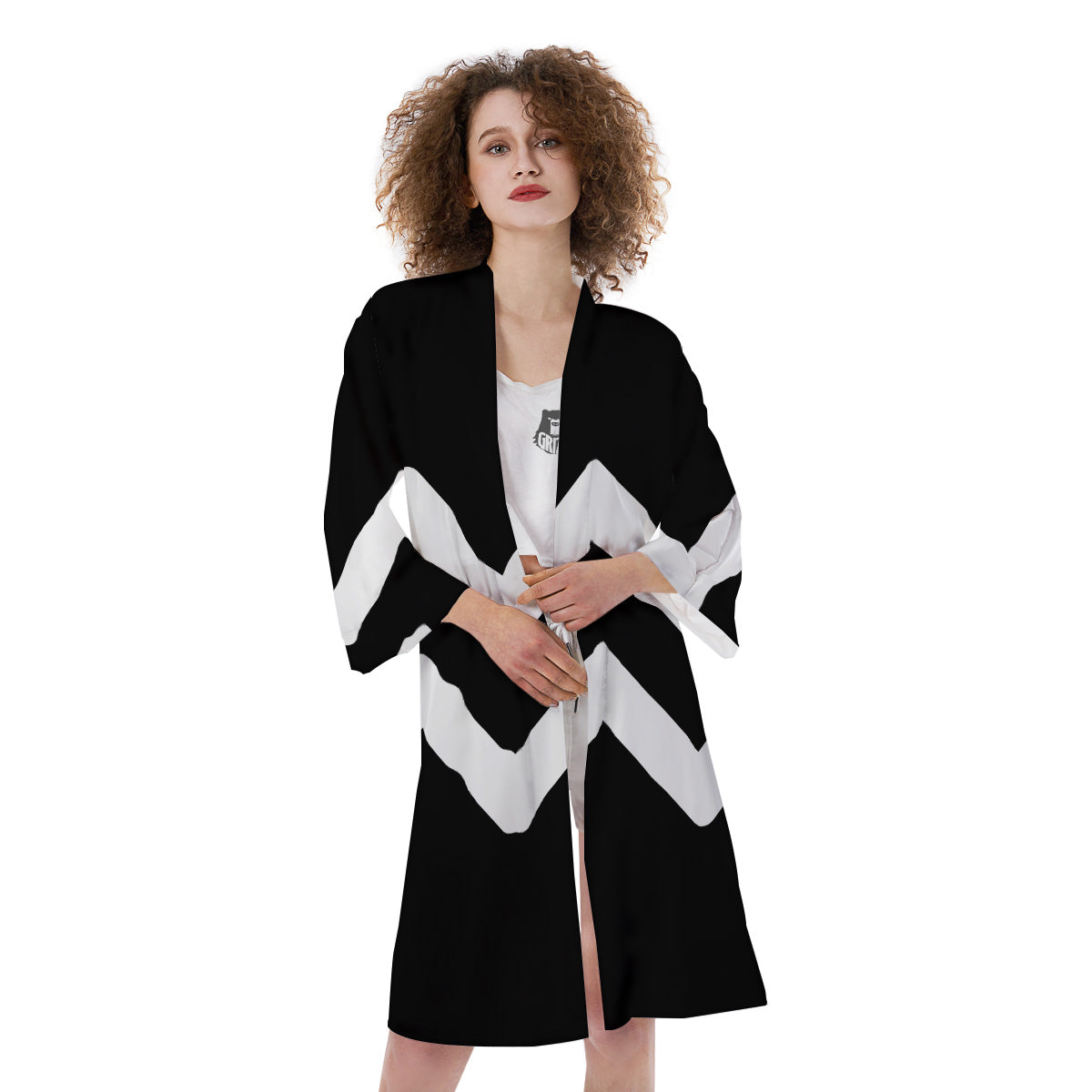 Aquarius Sign White And Black Print Kimono-grizzshop