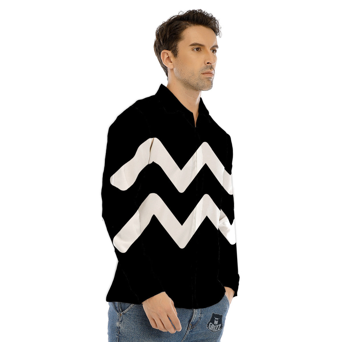 Aquarius Sign White And Black Print Men's Dress Shirts-grizzshop