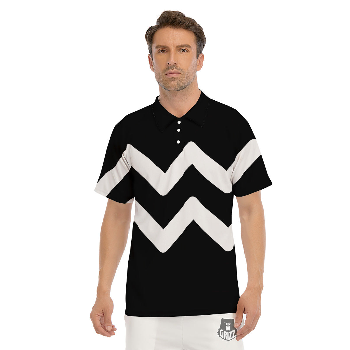 Aquarius Sign White And Black Print Men's Golf Shirts-grizzshop