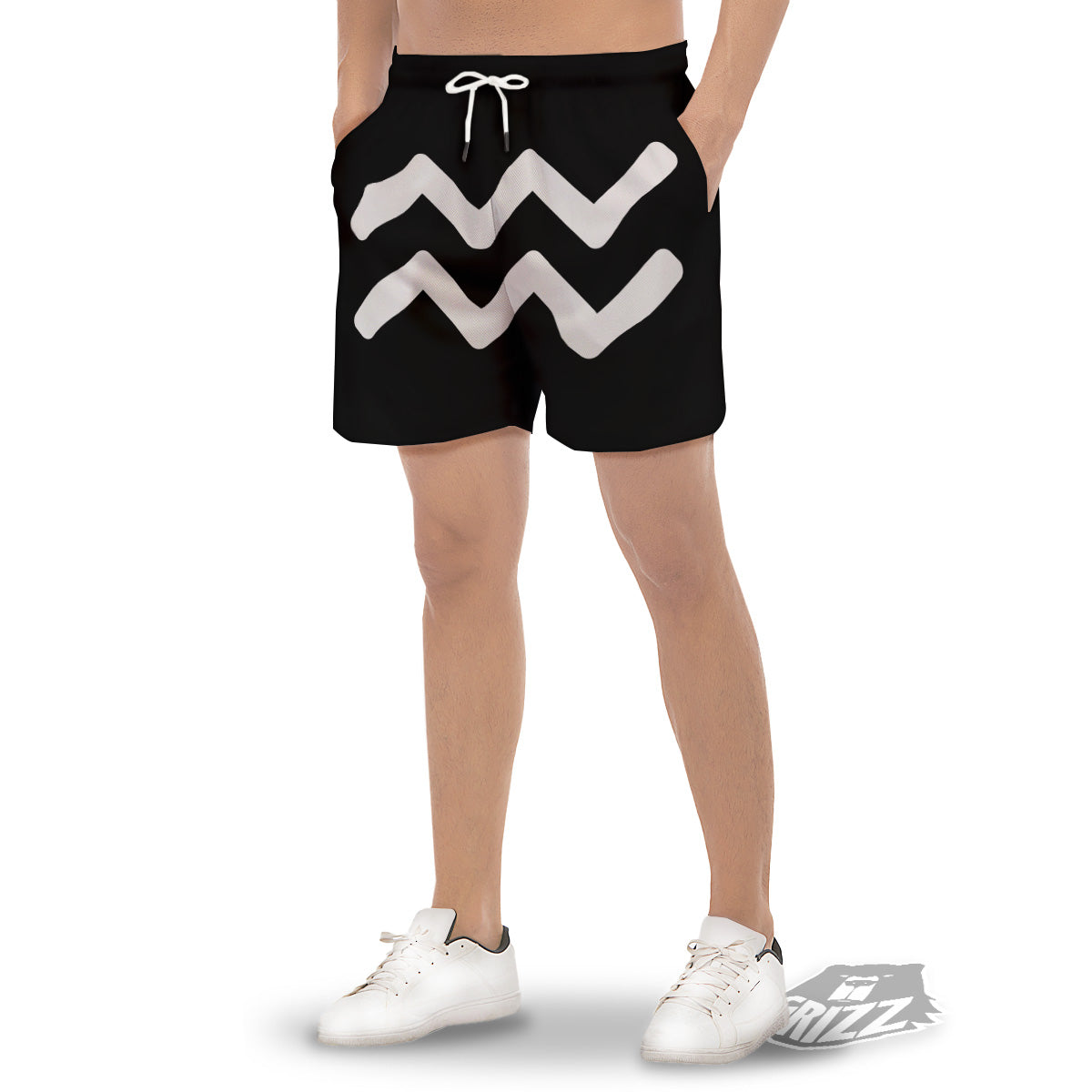 Aquarius Sign White And Black Print Men's Gym Shorts-grizzshop