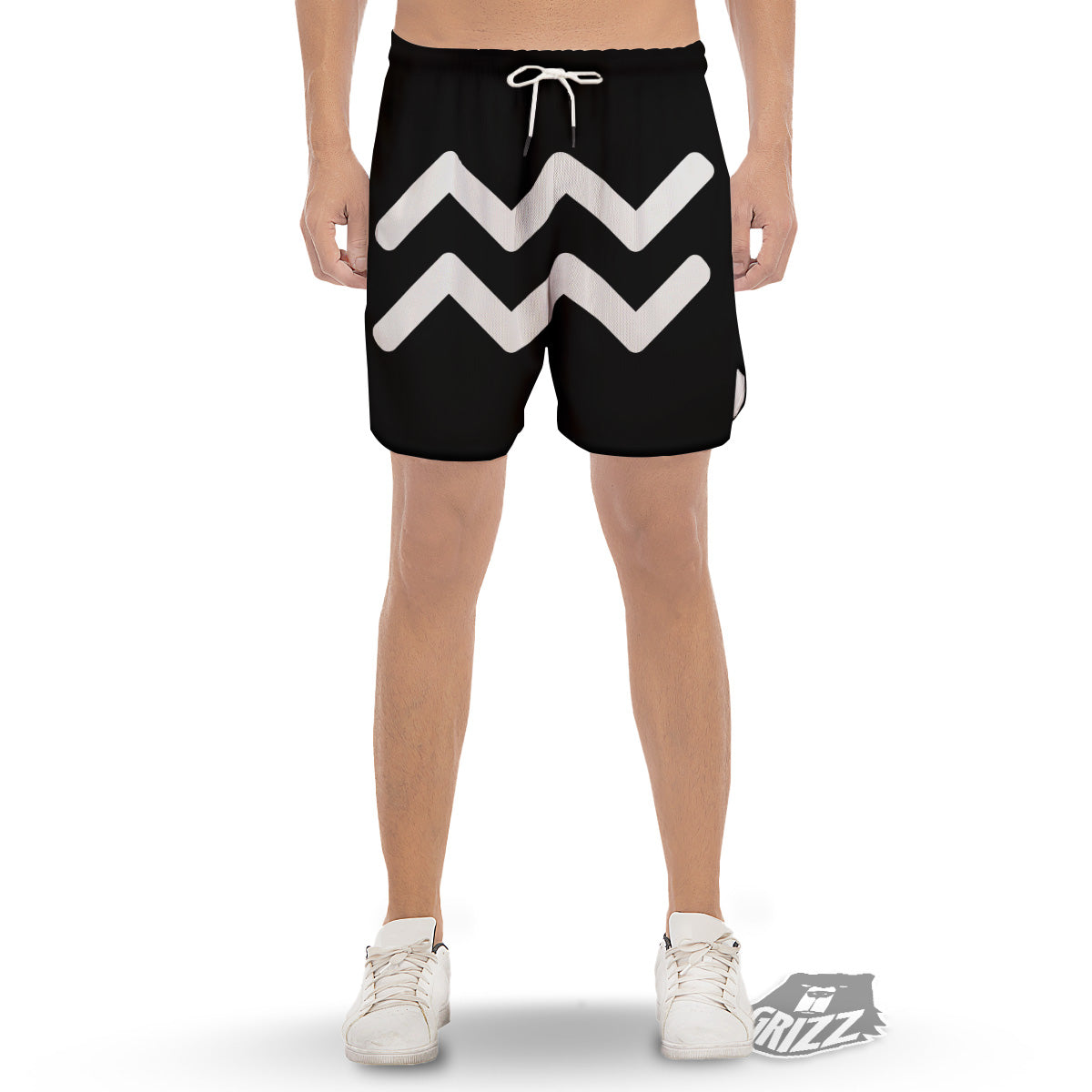 Aquarius Sign White And Black Print Men's Gym Shorts-grizzshop