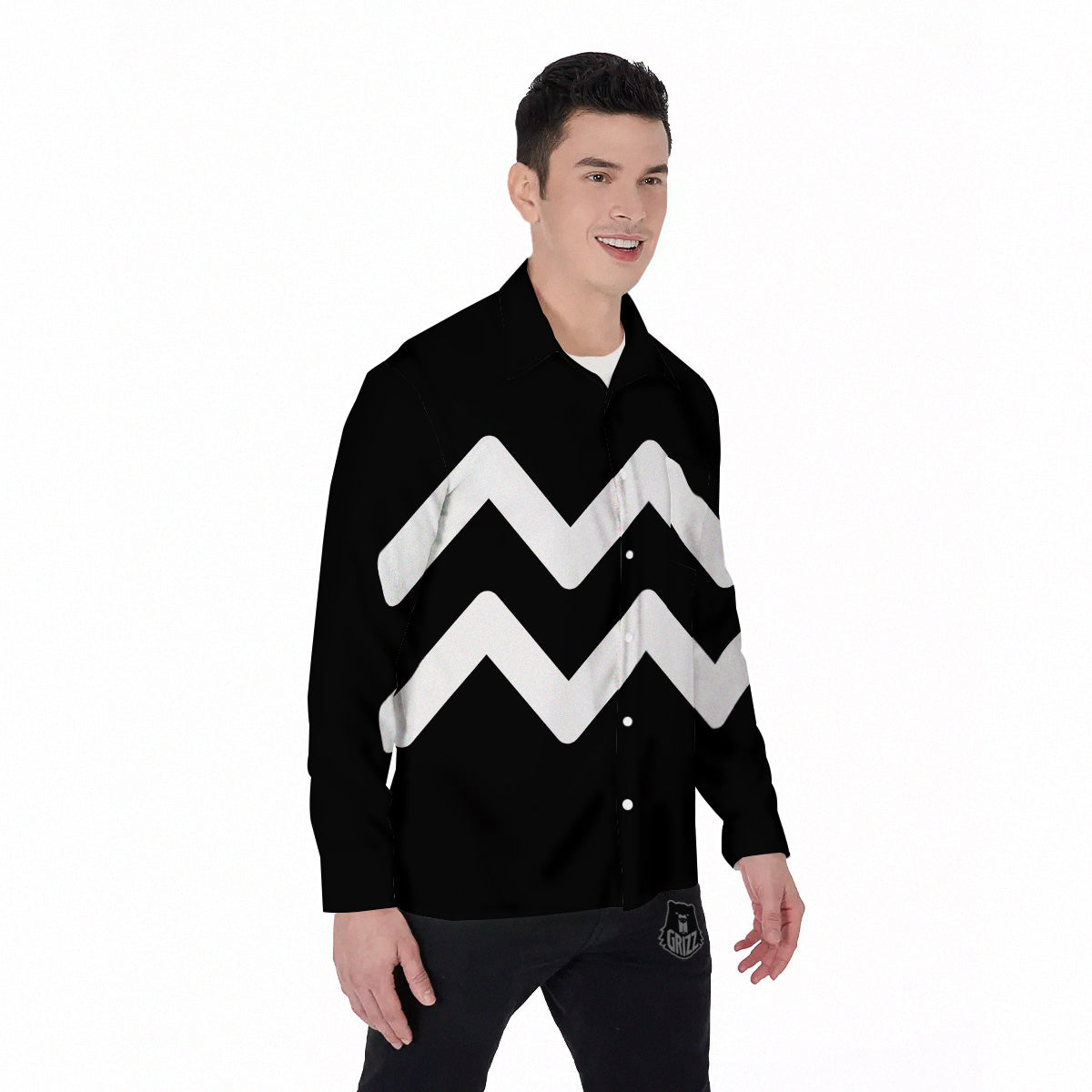 Aquarius Sign White And Black Print Men's Long Sleeve Shirts-grizzshop