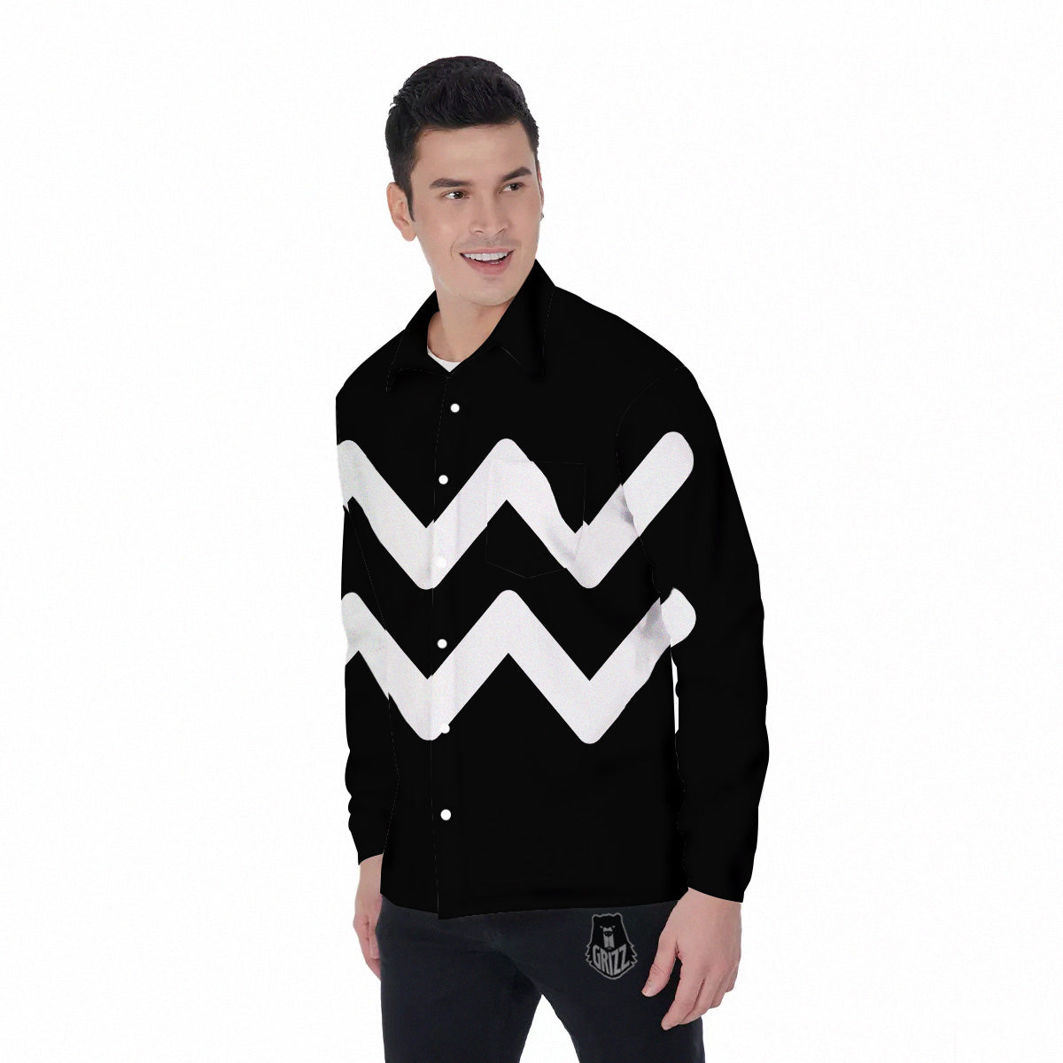 Aquarius Sign White And Black Print Men's Long Sleeve Shirts-grizzshop