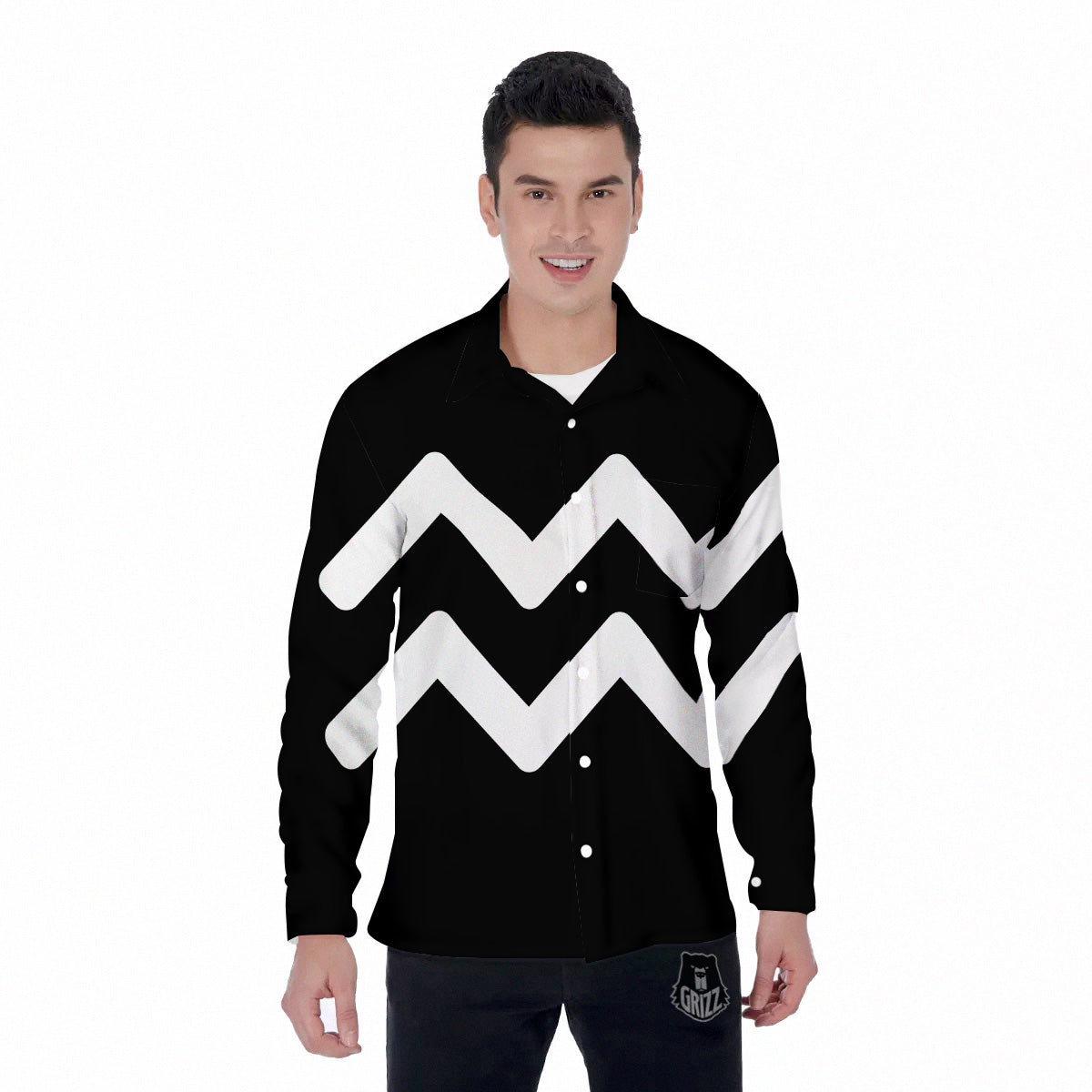 Aquarius Sign White And Black Print Men's Long Sleeve Shirts-grizzshop