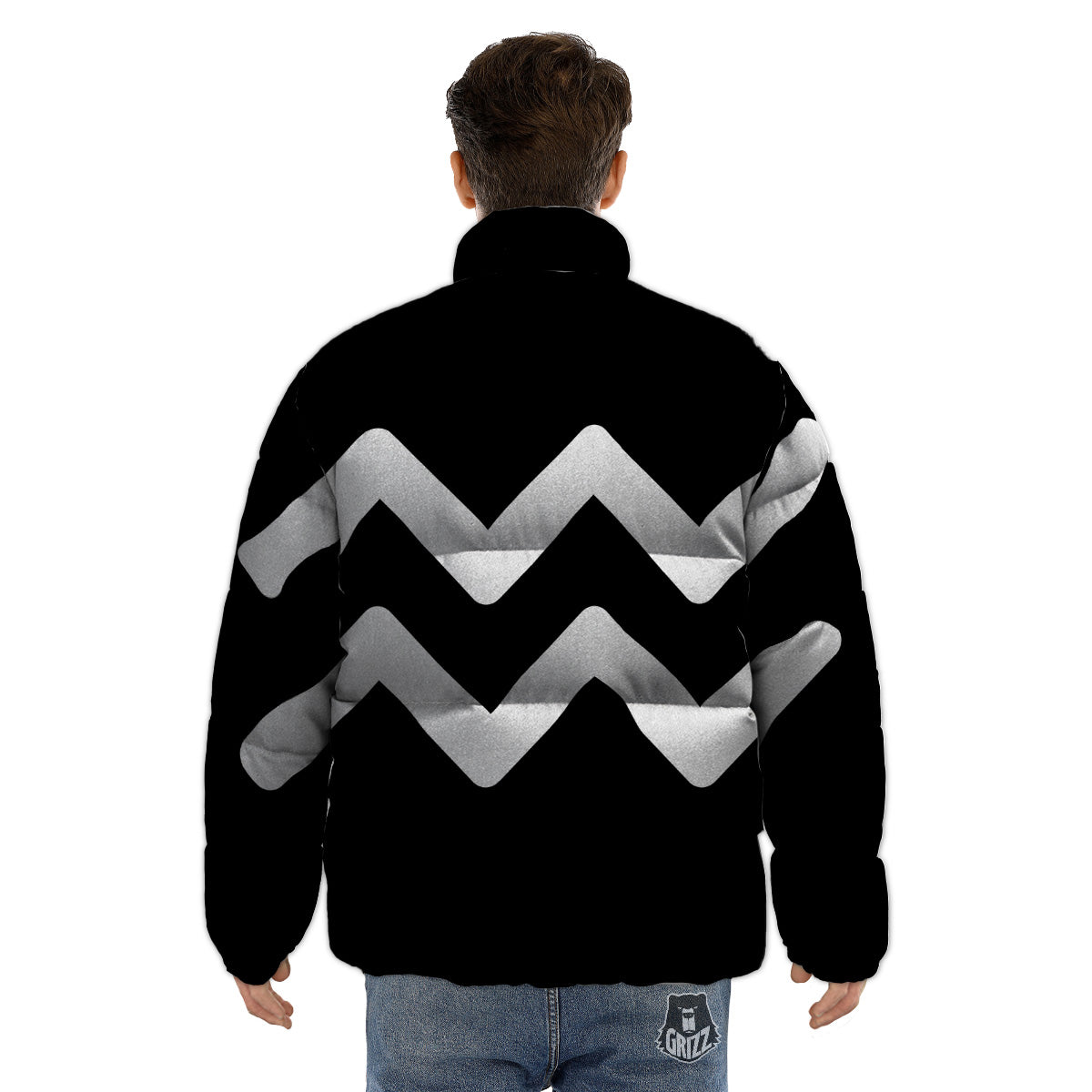 Aquarius Sign White And Black Print Puffer Jacket-grizzshop