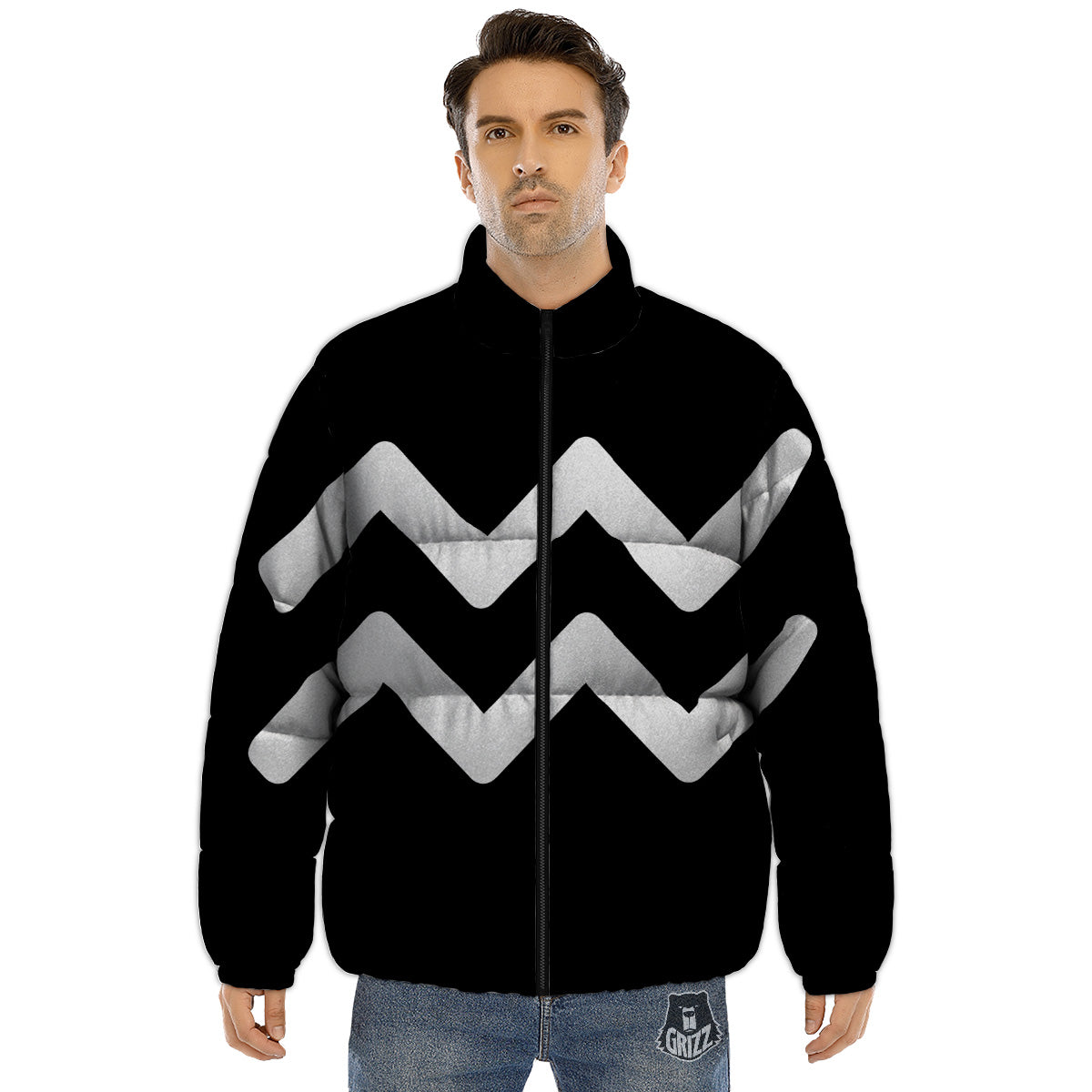 Aquarius Sign White And Black Print Puffer Jacket-grizzshop