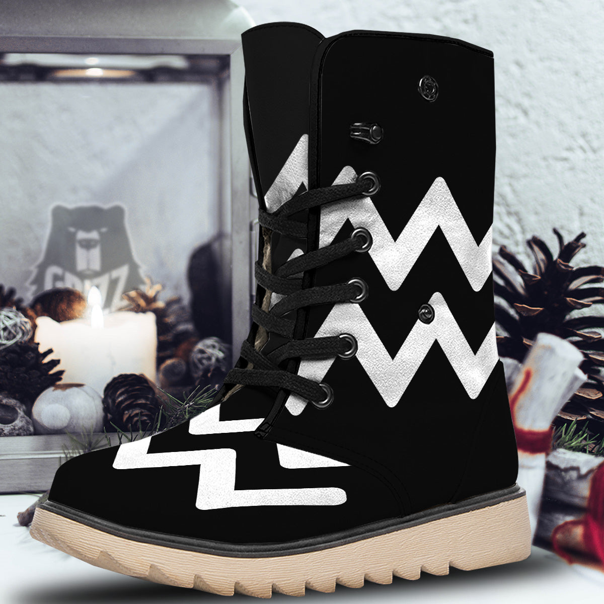 Aquarius Sign White And Black Print Snow Boots-grizzshop