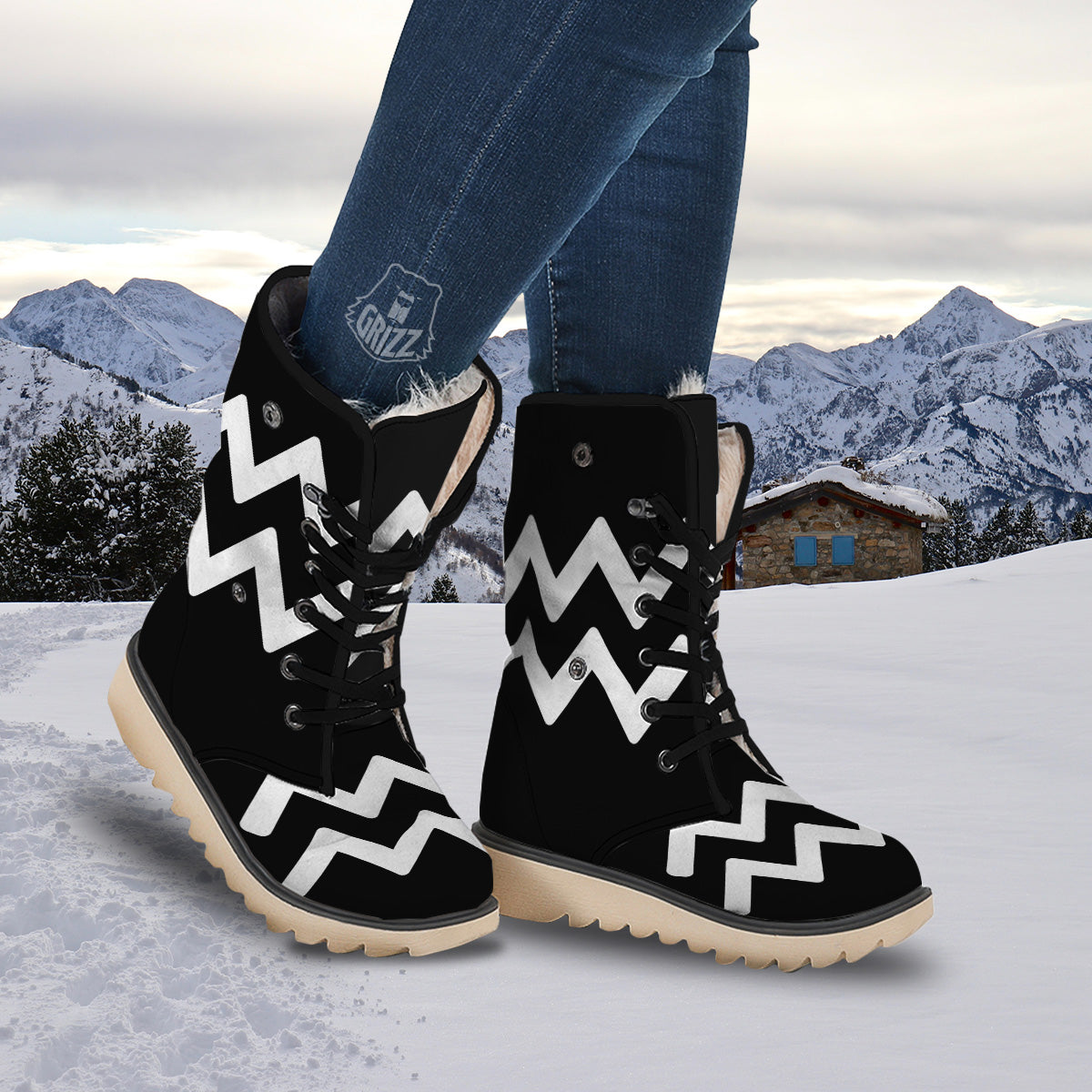 Aquarius Sign White And Black Print Snow Boots-grizzshop