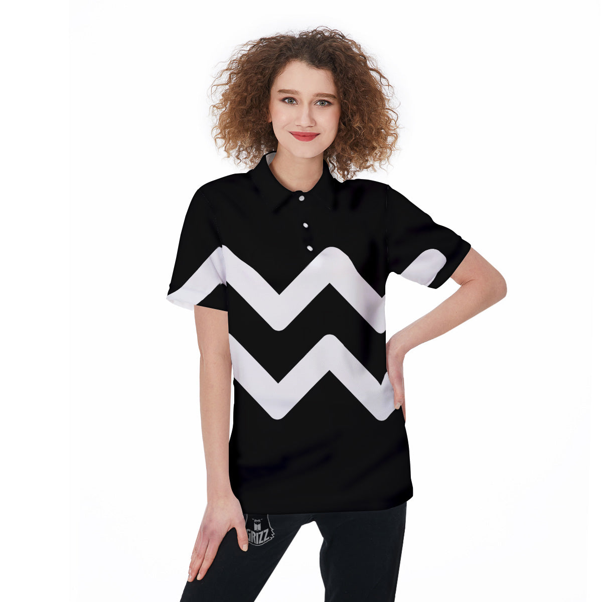 Aquarius Sign White And Black Print Women's Golf Shirts-grizzshop