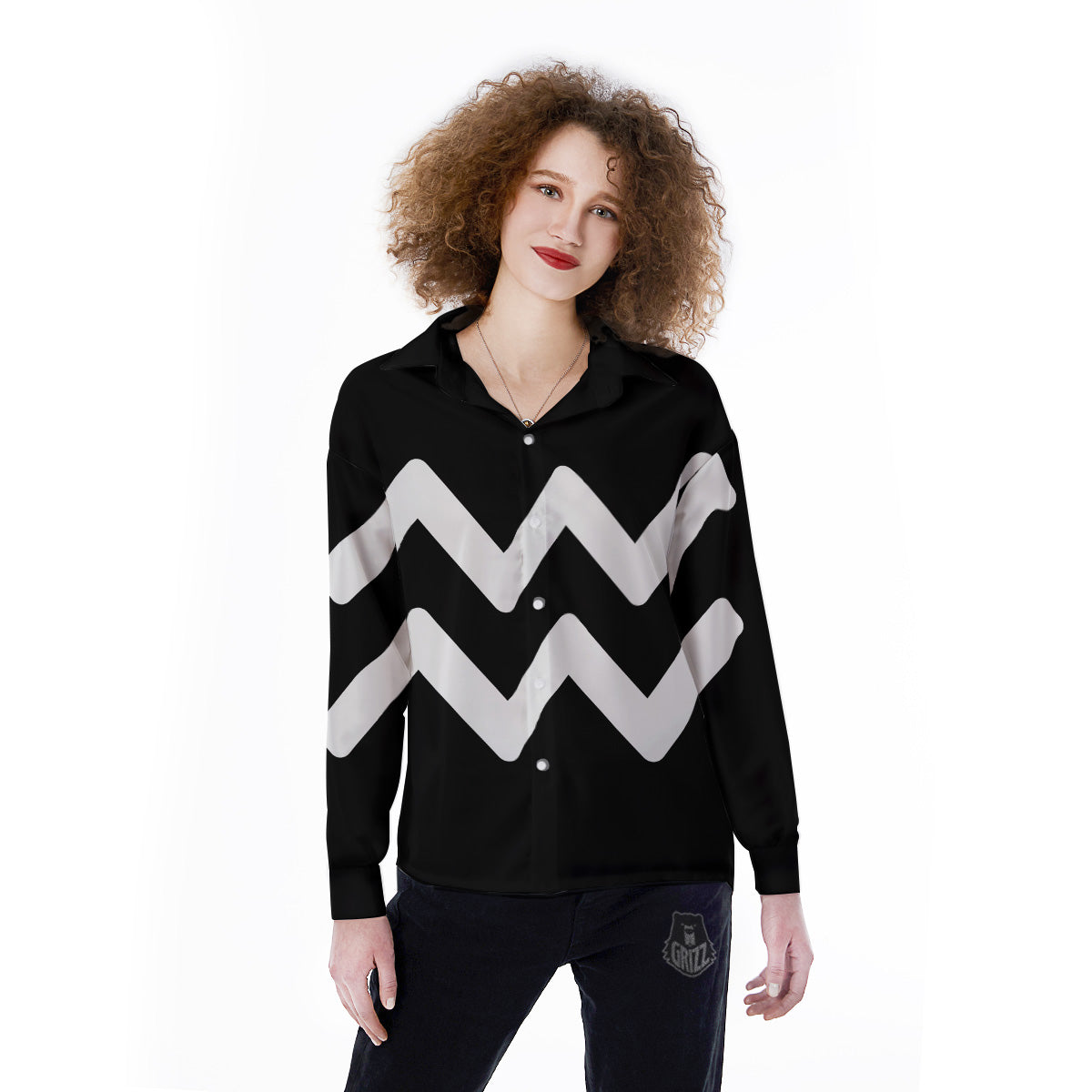 Aquarius Sign White And Black Print Women's Long Sleeve Shirts-grizzshop