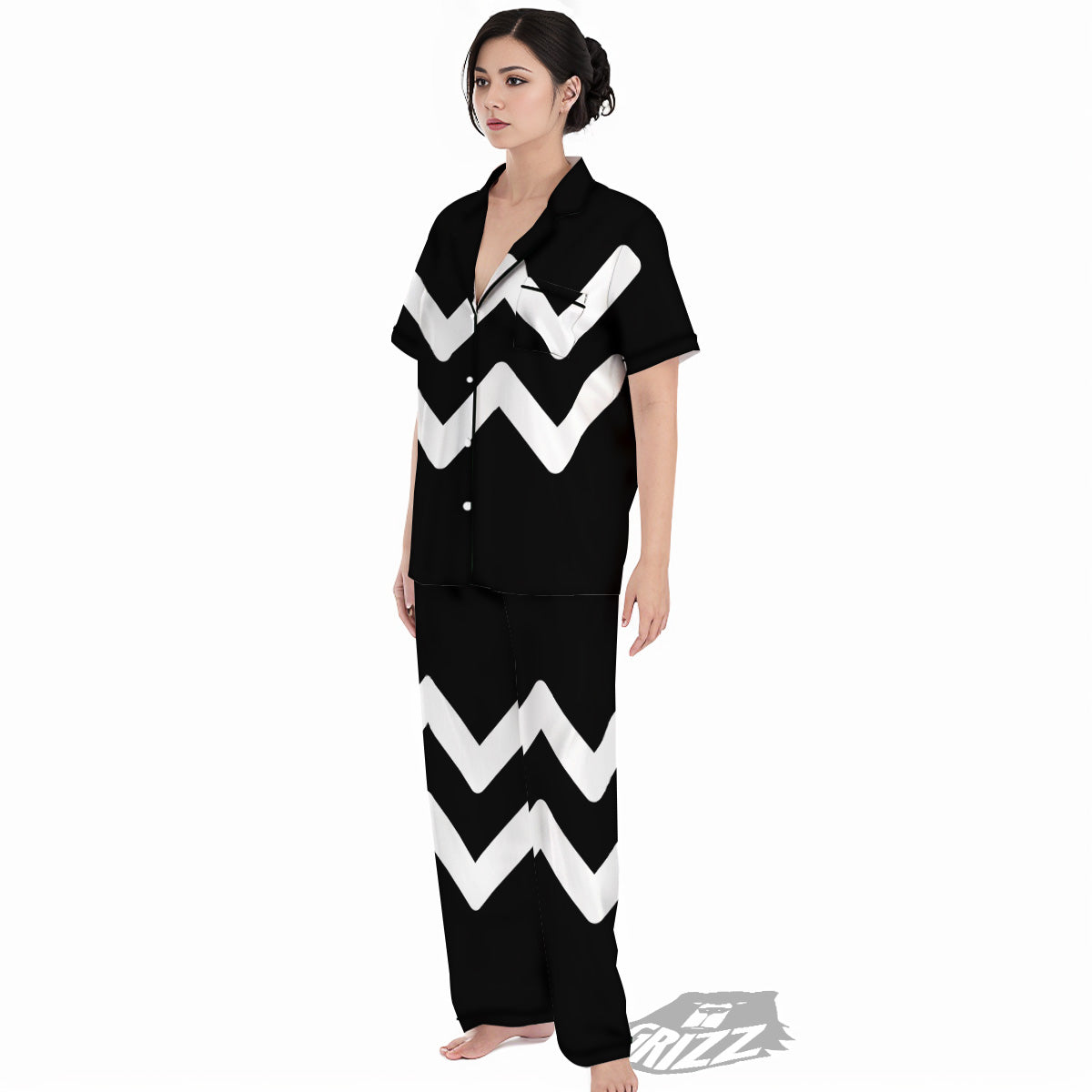 Aquarius Sign White And Black Print Women's Pajamas Set-grizzshop