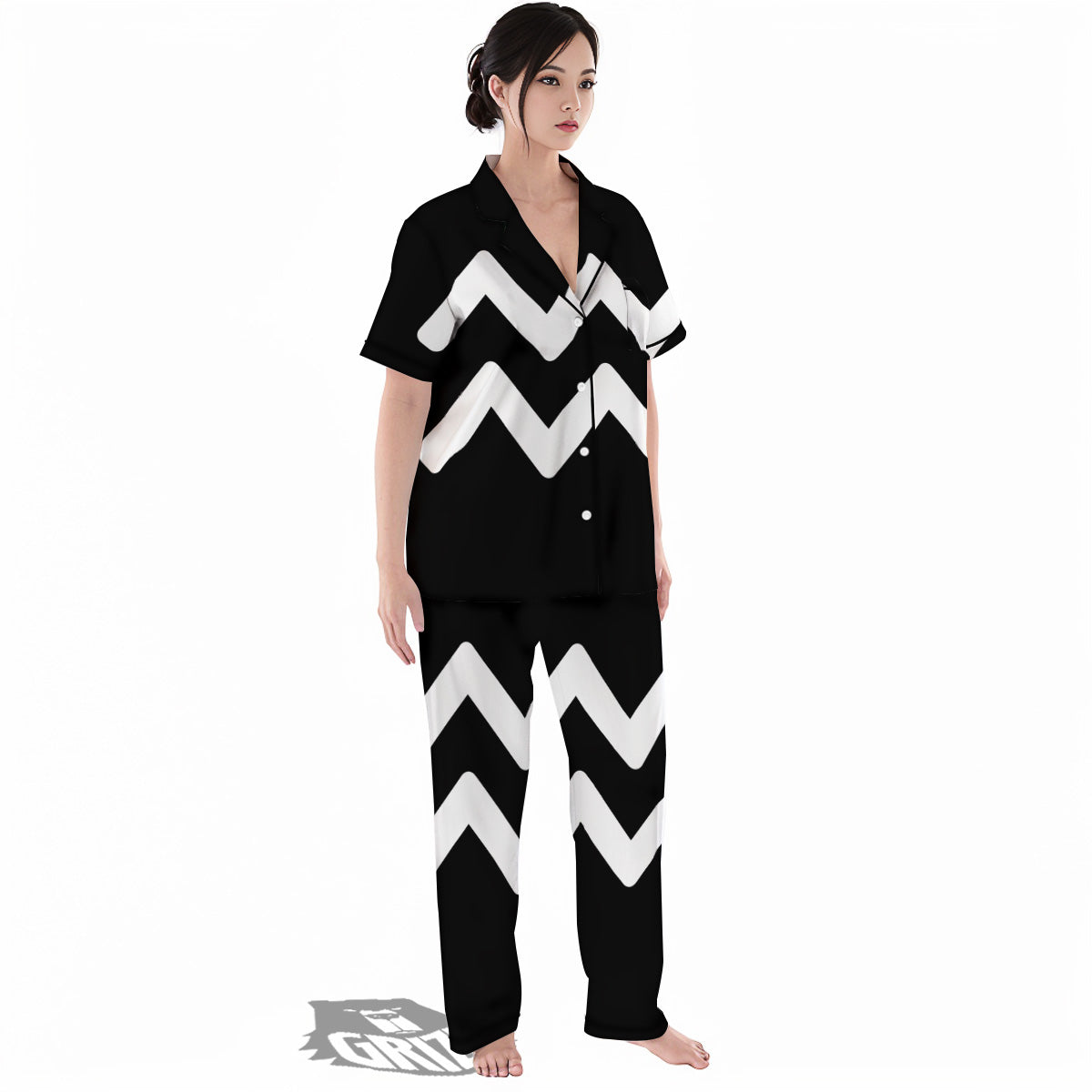 Aquarius Sign White And Black Print Women's Pajamas Set-grizzshop