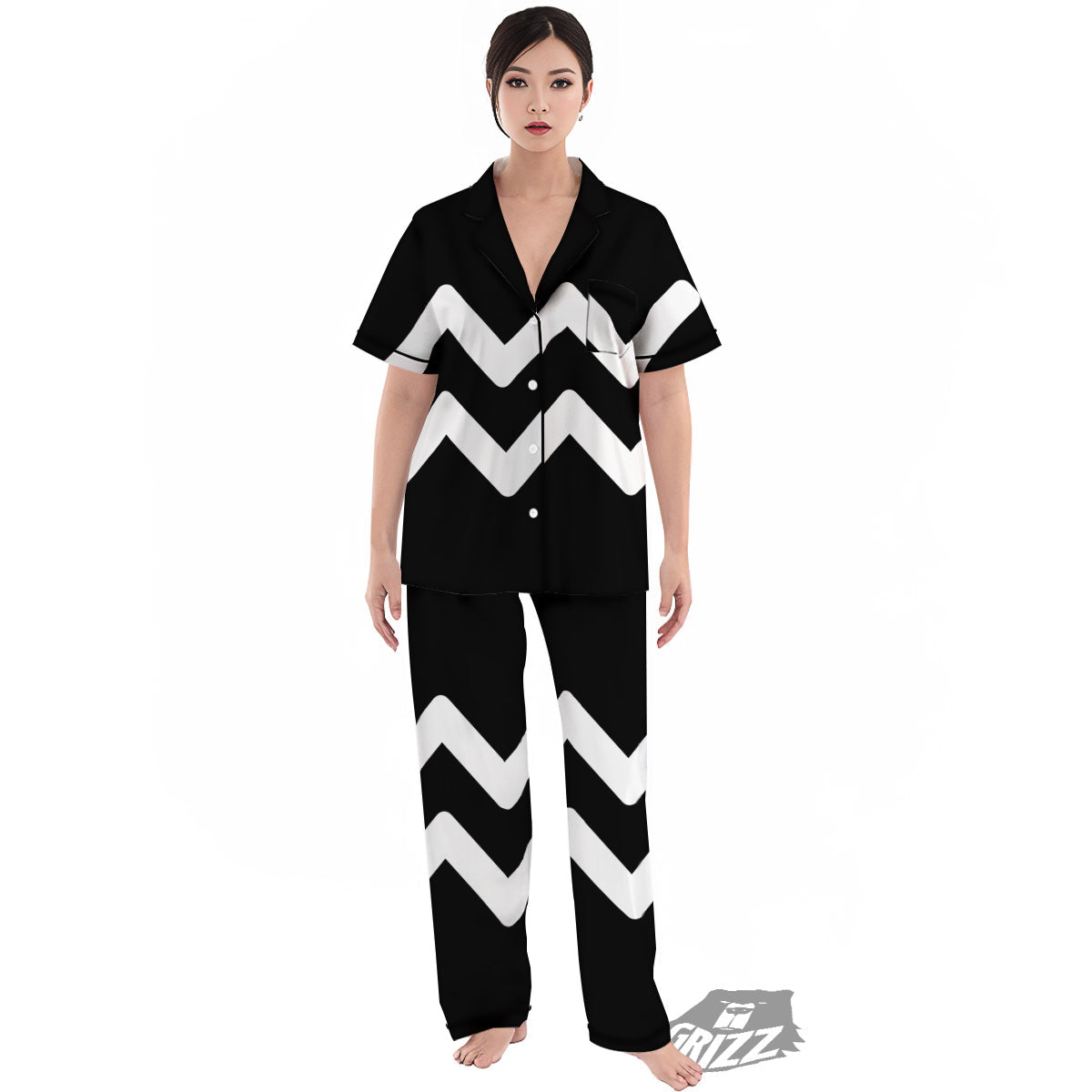 Aquarius Sign White And Black Print Women's Pajamas Set-grizzshop